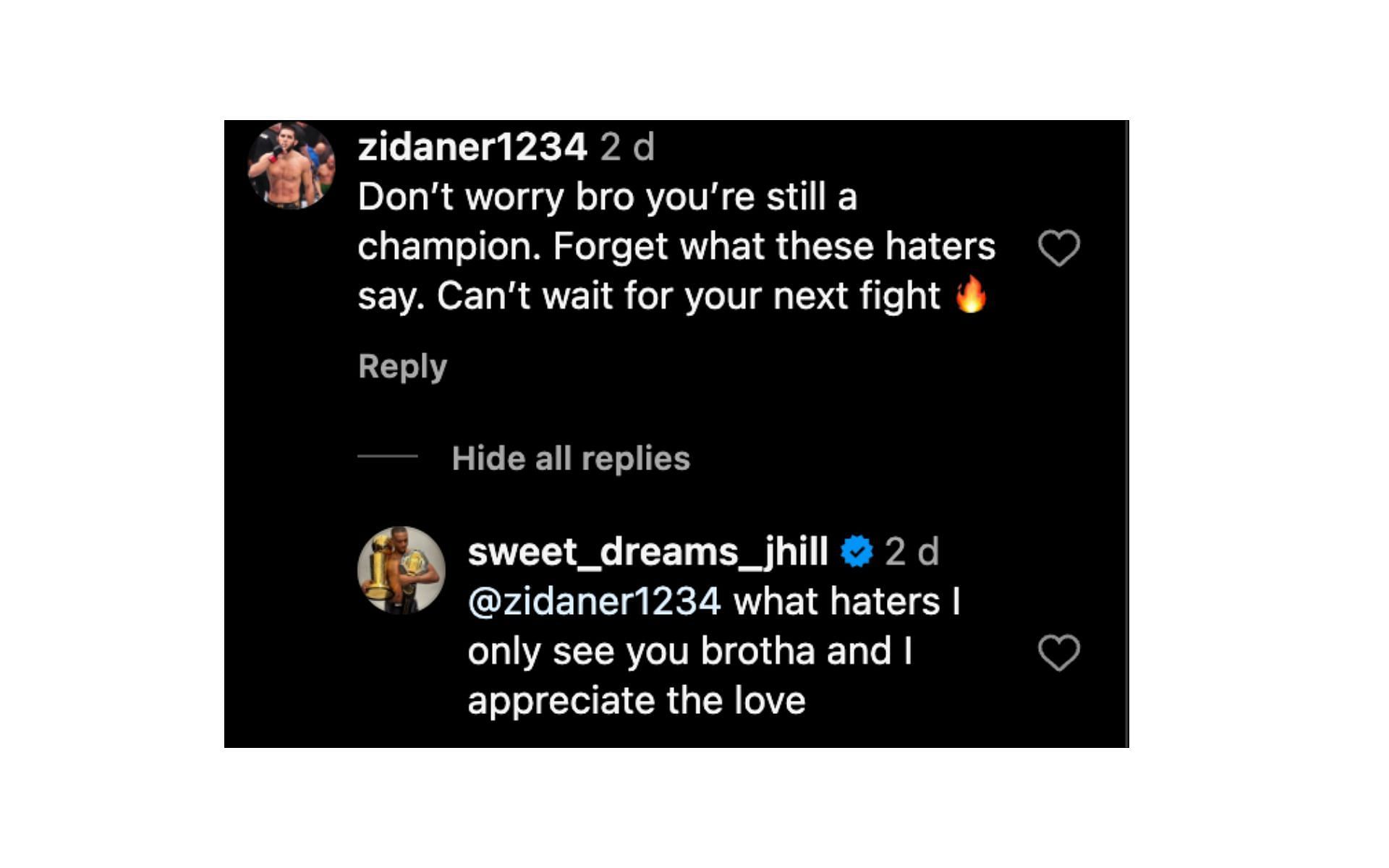 Screenshot of Jamahal Hill&#039;s response to a fan. [Screenshots courtesy: @sweet_dreams_jhill on Instagram]