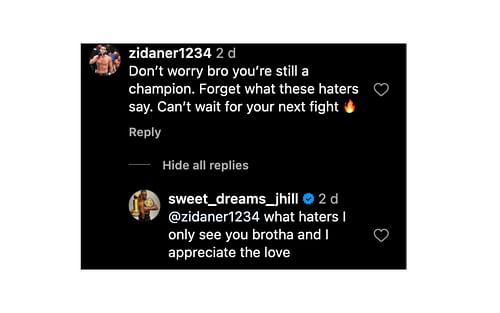 Screenshot of Jamahal Hill's response to a fan. [Screenshots courtesy: @sweet_dreams_jhill on Instagram]