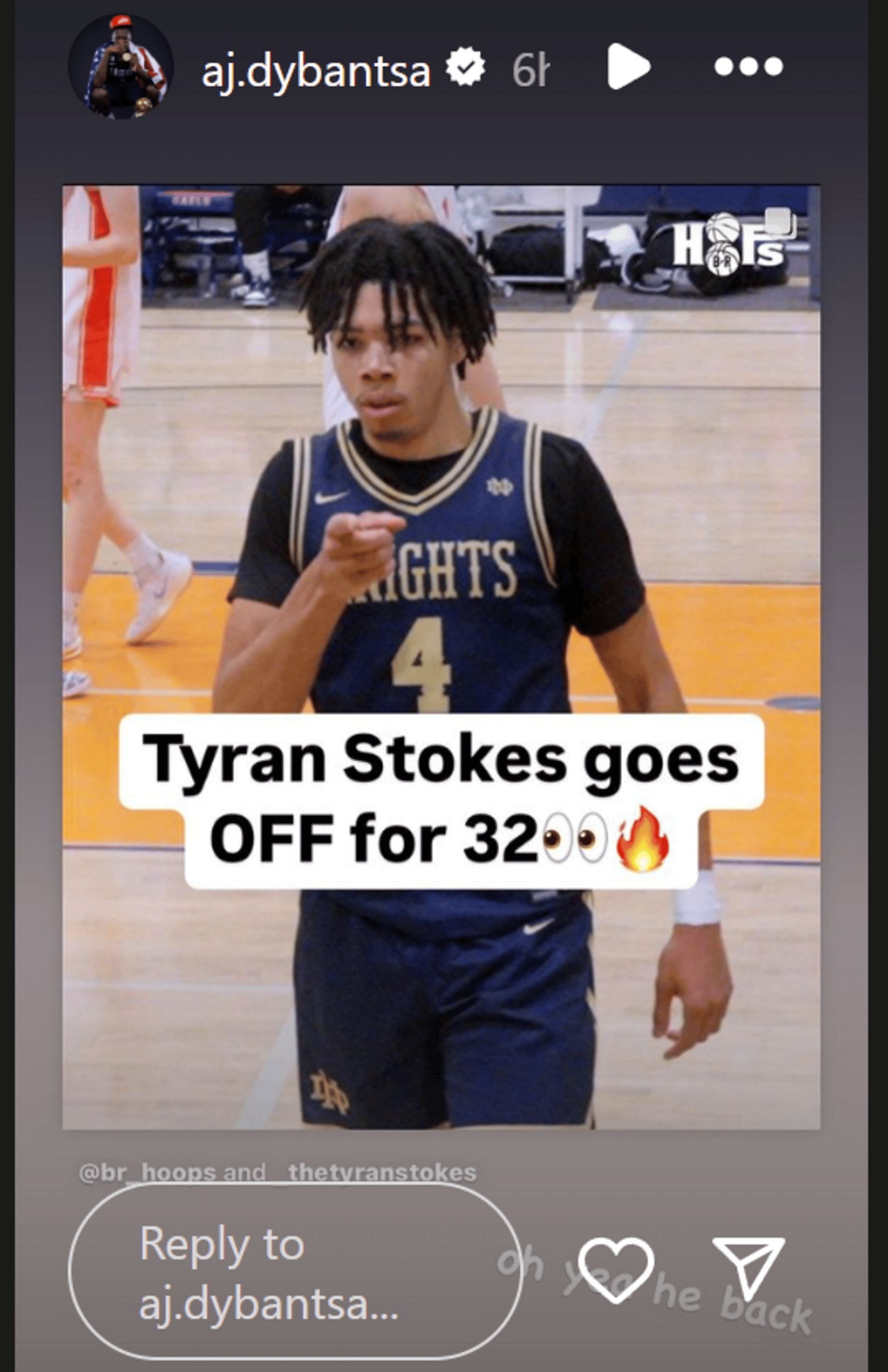 AJ Dybantsa reacts to Tyran Stokes persormance vs Timpview (Source: Instagram/aj.dybantsa)