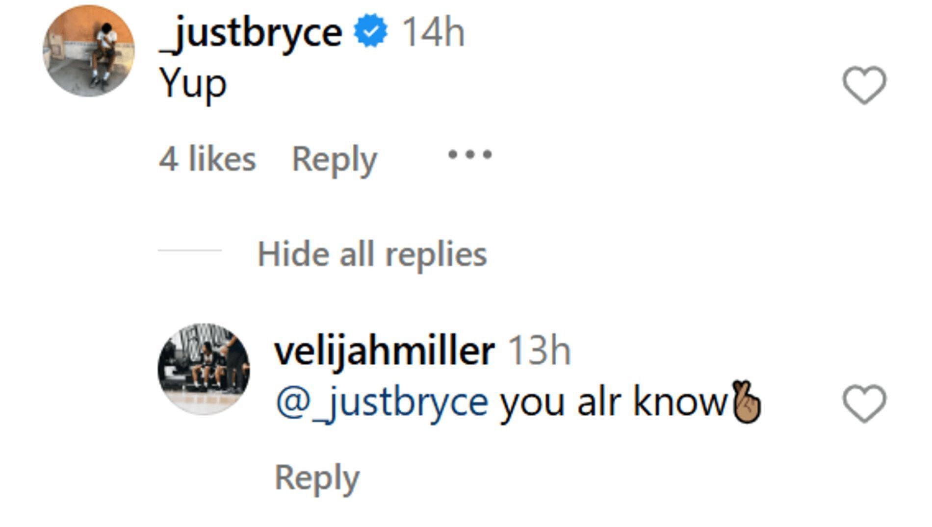 Velijah Miller and Bryce James talk about Miller getting q D1 school offer (Source: @velijahmiller Instagram)