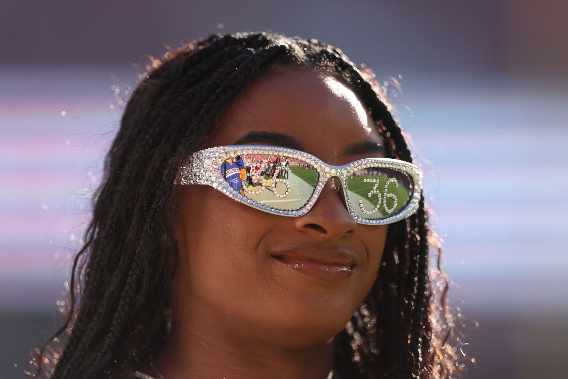 Simone Biles sports stylish sunglasses during the match between the Chicago Bears v San Francisco 49ers - Source: Getty