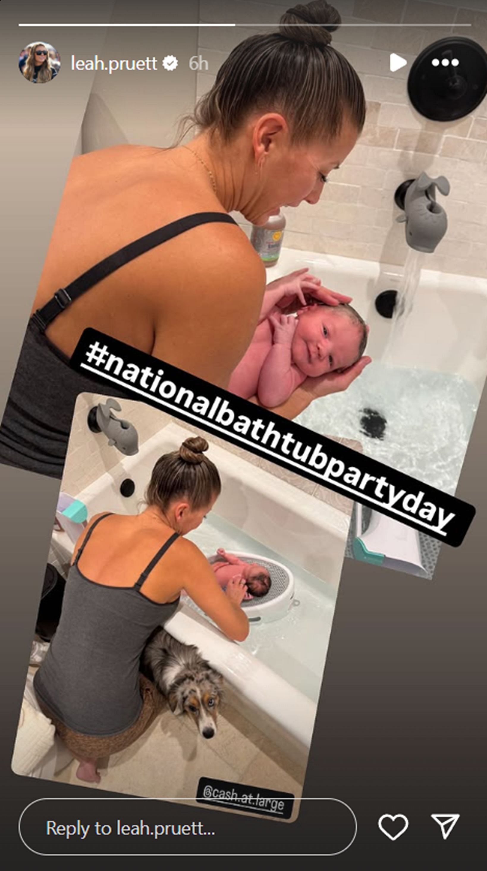 Leah Pruett holding baby Dominic James in the bathtub for the National Bathtub Party Day (Source: @leah.pruett on Instagram)