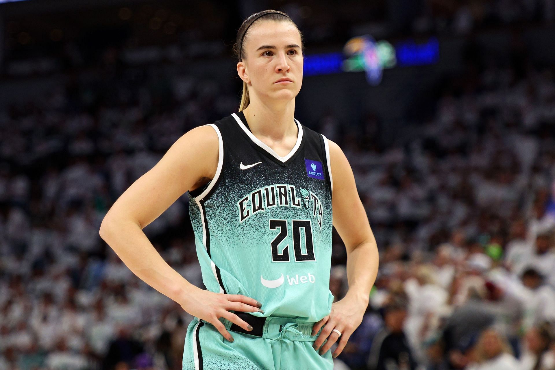 Sabrina Ionescu #20 of the New York Liberty looks on against the Minnesota Lynx in the first quarter during Game Three of the WNBA Finals at Target Center on October 16, 2024 in Minneapolis, Minnesota. (Photo by David Berding/Getty Images)