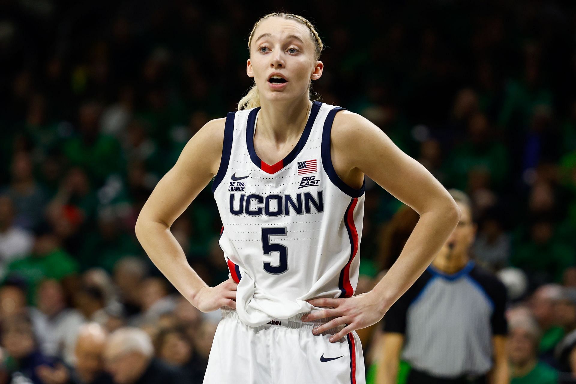 Paige Bueckers (#5) of the UConn Huskies listens to a teammate during their game against Notre Dame at Purcell Pavillion at the Joyce Center on December 12, 2024 in South Bend, Indiana. Photo: Getty