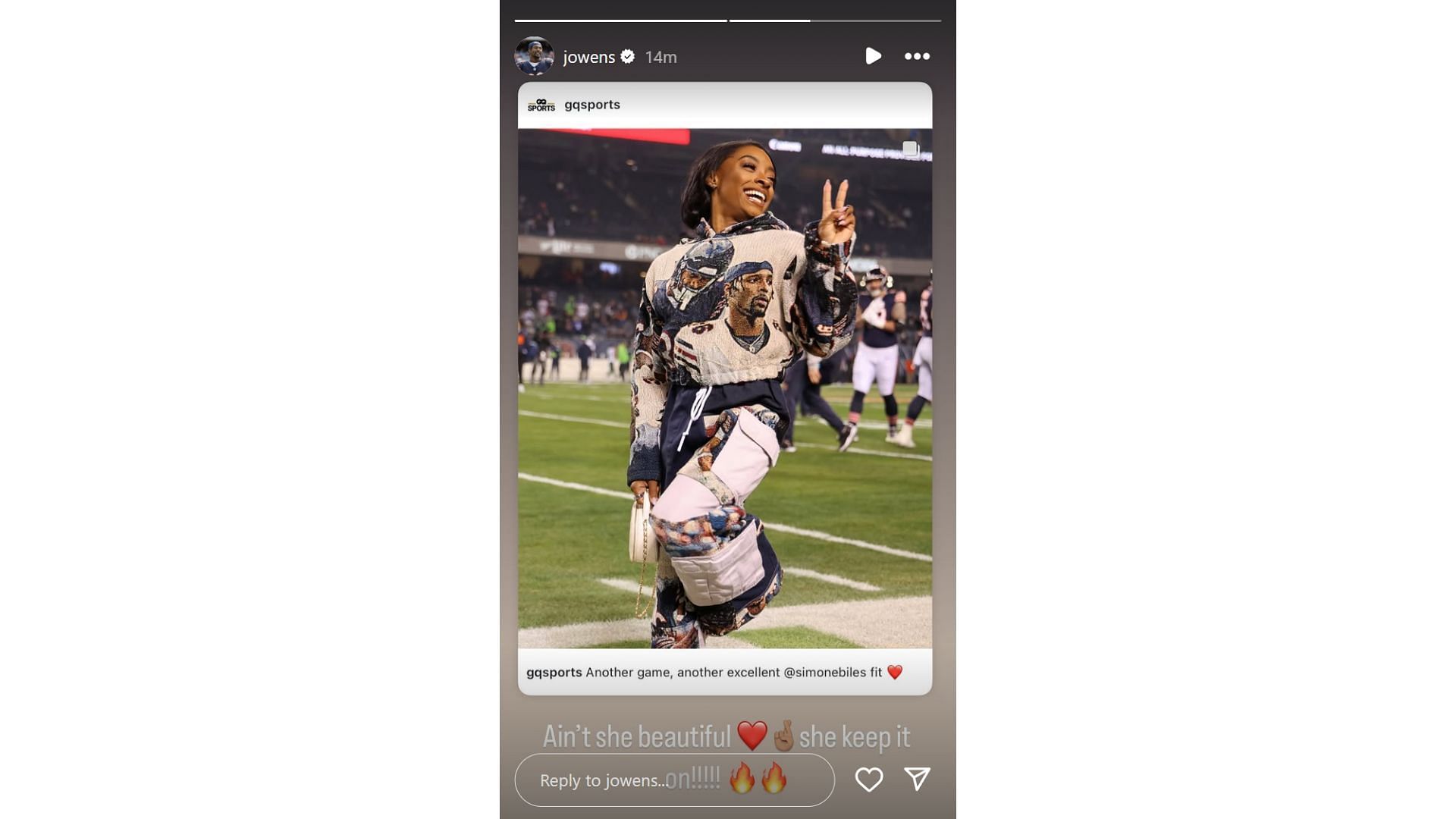 Chicago Bears player Jonathan Owens hyped wife Simone Biles&#039; appearance at TNF game (Image Credit: Instagram/@jowens)