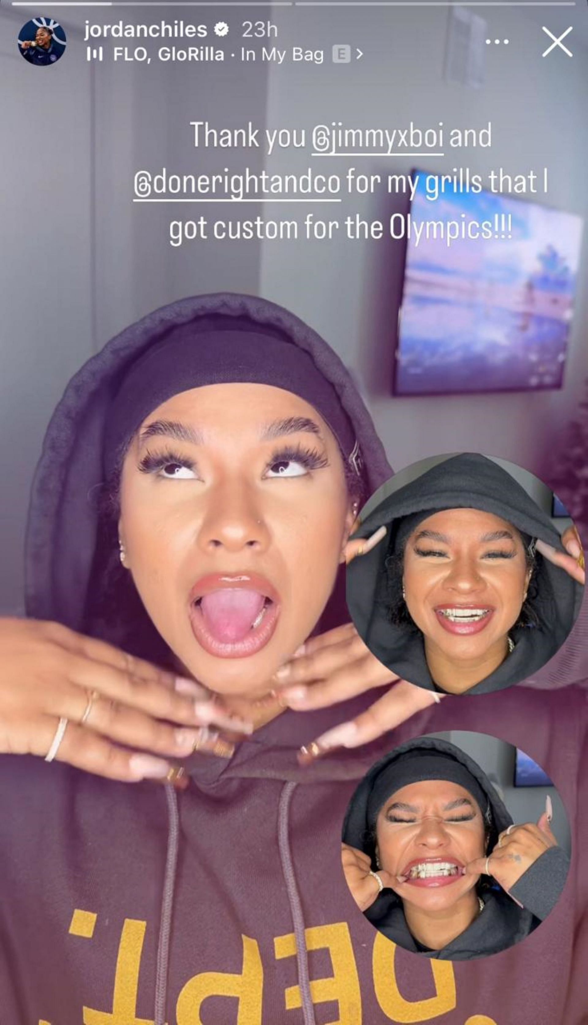 Jordan Chiles flaunted the diamond grills she got done for the Olympics; Instagram - @jordanchiles