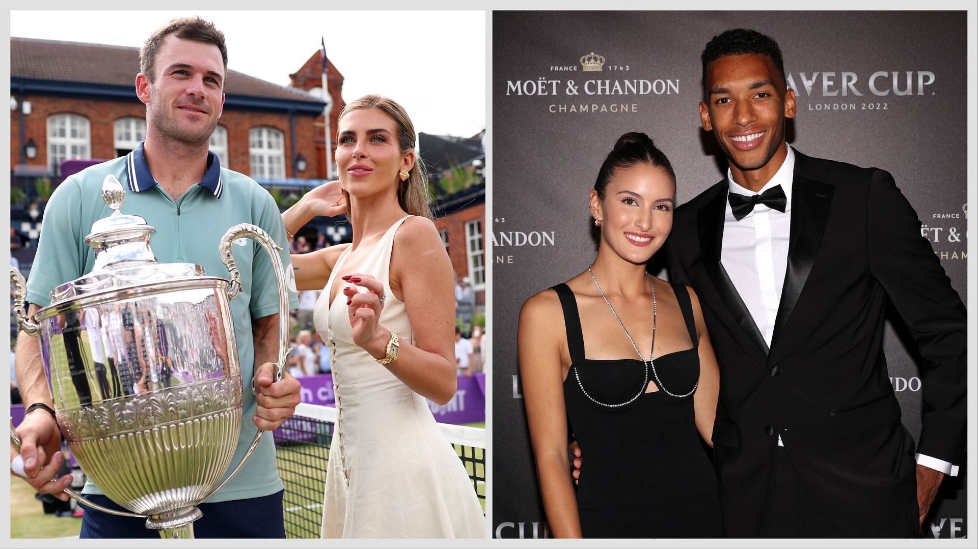 Tommy Paul with girlfriend Paige Lorenze(left) and Felix Auger-Aliassime with finace Nina Ghaibi(right). Images:Getty