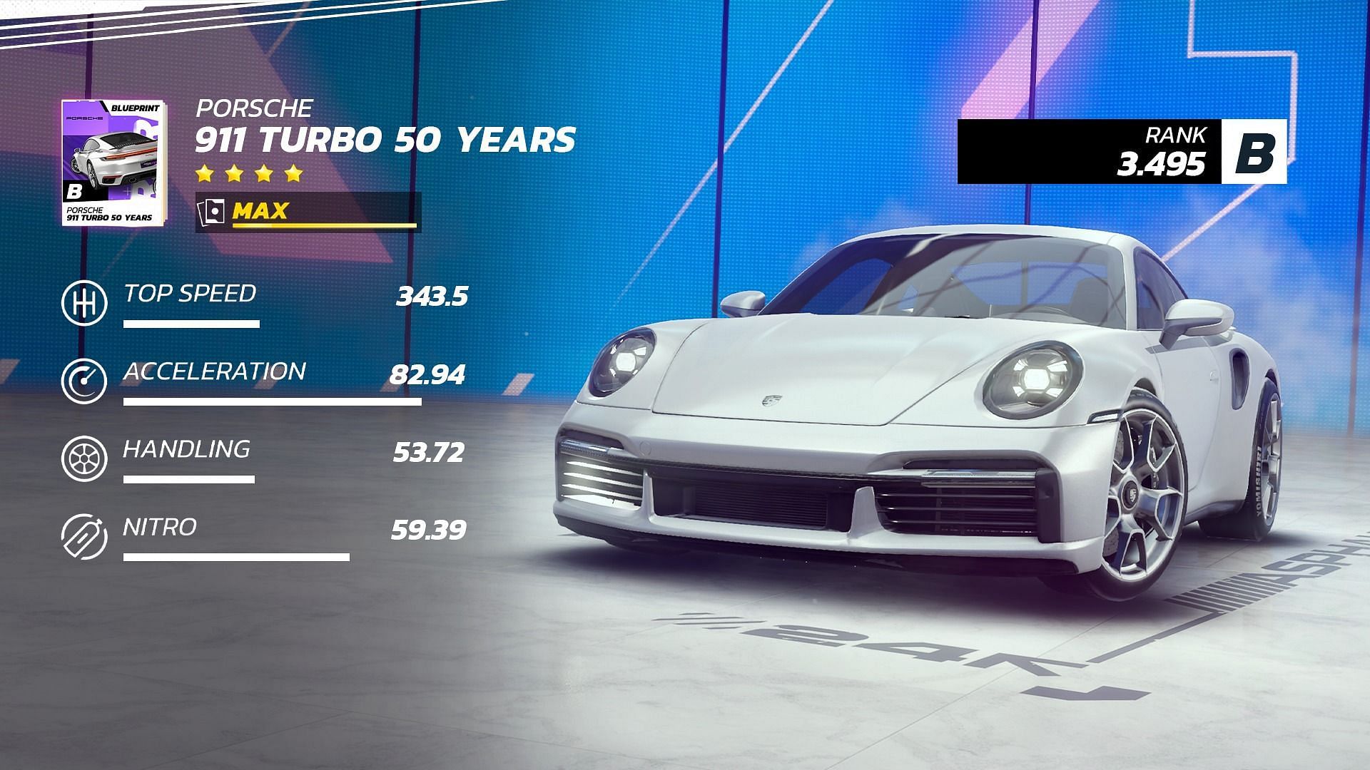 The Porsche 911 Turbo 50 Years Edition is a Class B Asphalt Unite Festival Fury season car (Image via Gameloft SE)