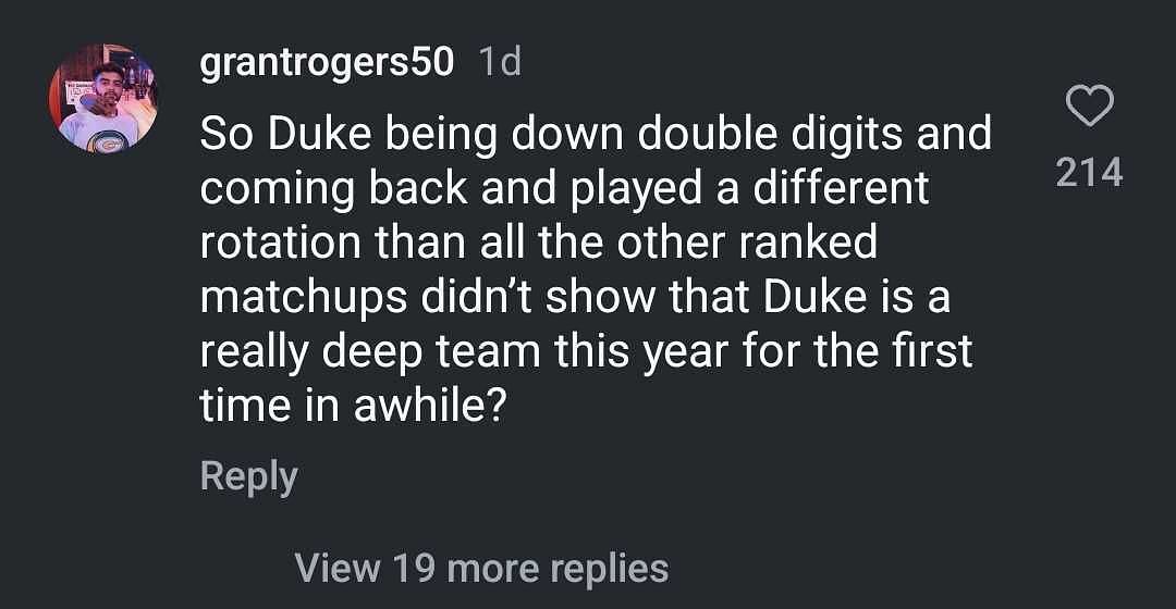 Fan comments on Charles Barkley's review of Duke vs Auburn game via Instagram. (Ins