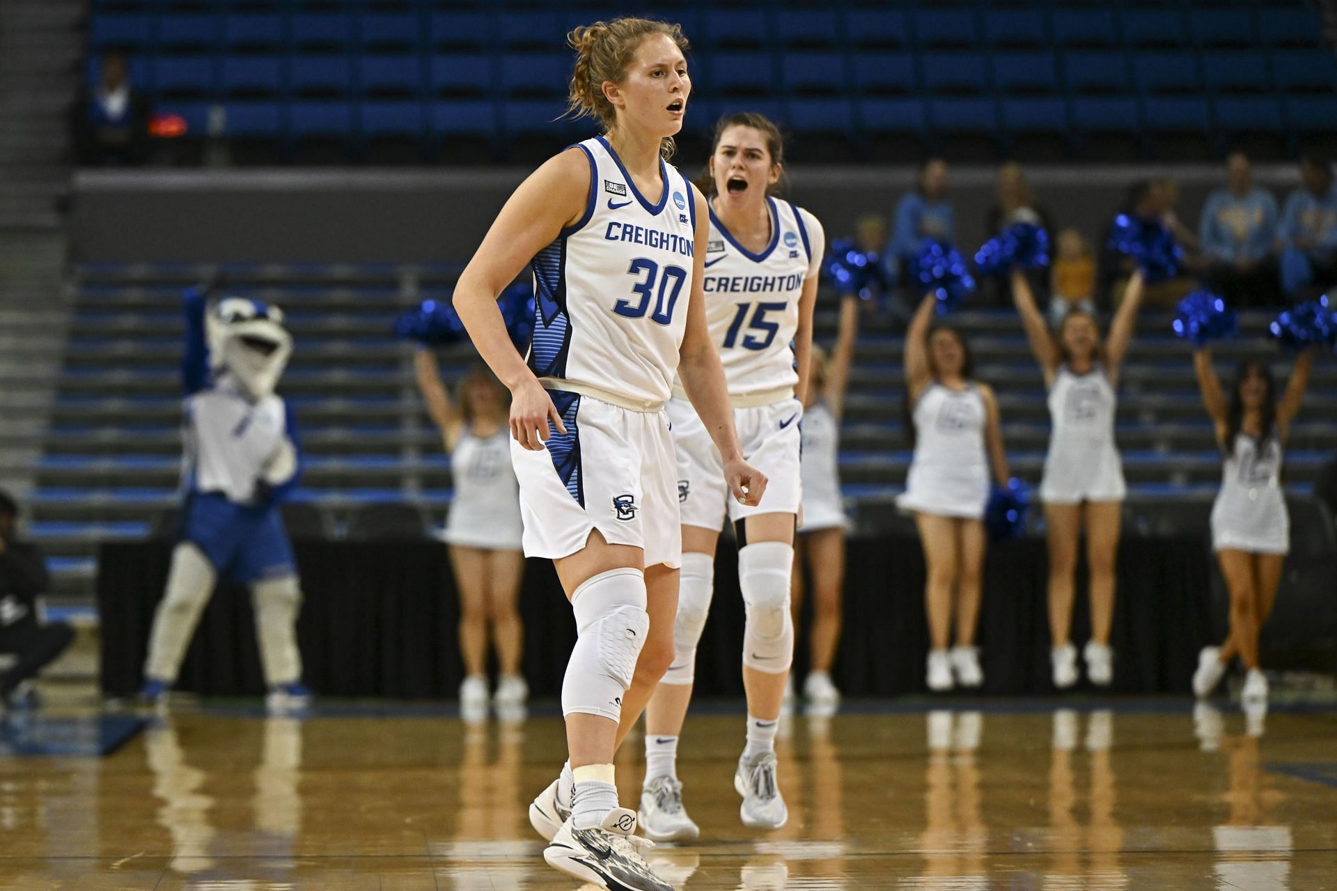 Morgan Maly (#30) and Lauren Jensen (#15) of the Creighton Bluejays celebrate while playing against the UNLV Lady Rebels during the first round of the 2024 NCAA Women's Basketball Tournament. Photo: Getty