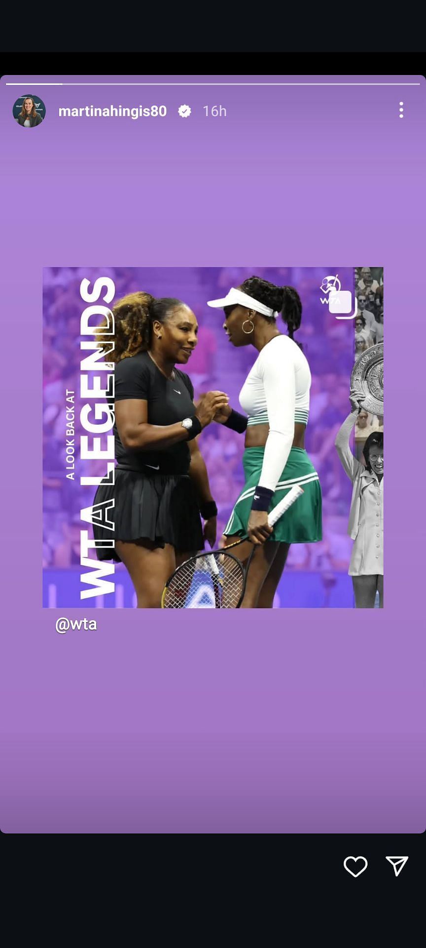 Martina Hingis gives a shoutout to Serena Williams &amp; Venus Williams as WTA honors past legends (Image via Instagram)