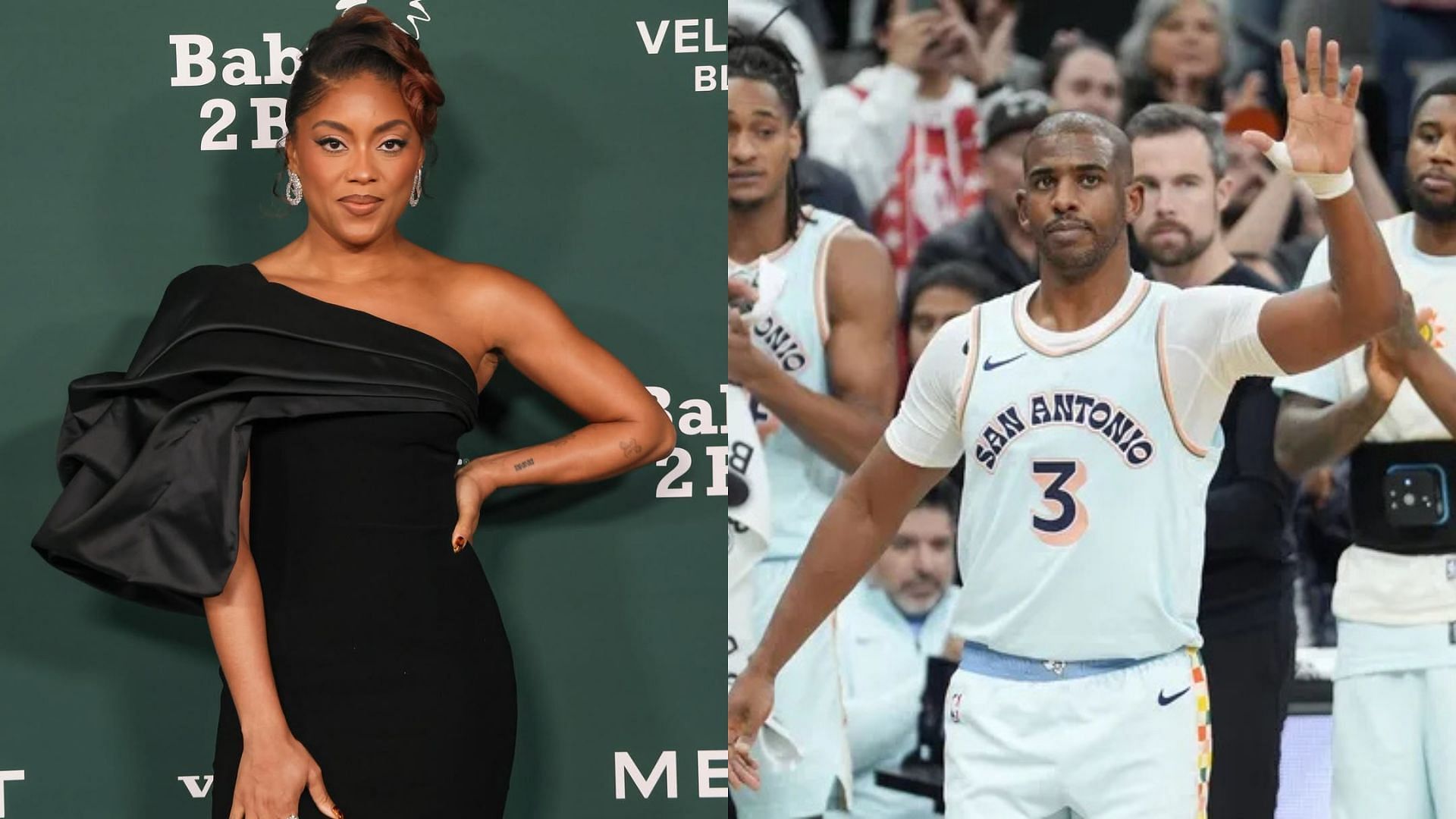 Jada Paul poses for a photo, San Antonio Spurs guard Chris Paul acknowledges the crowd. Photo Credits: Jada Paul's IG account, Imagn