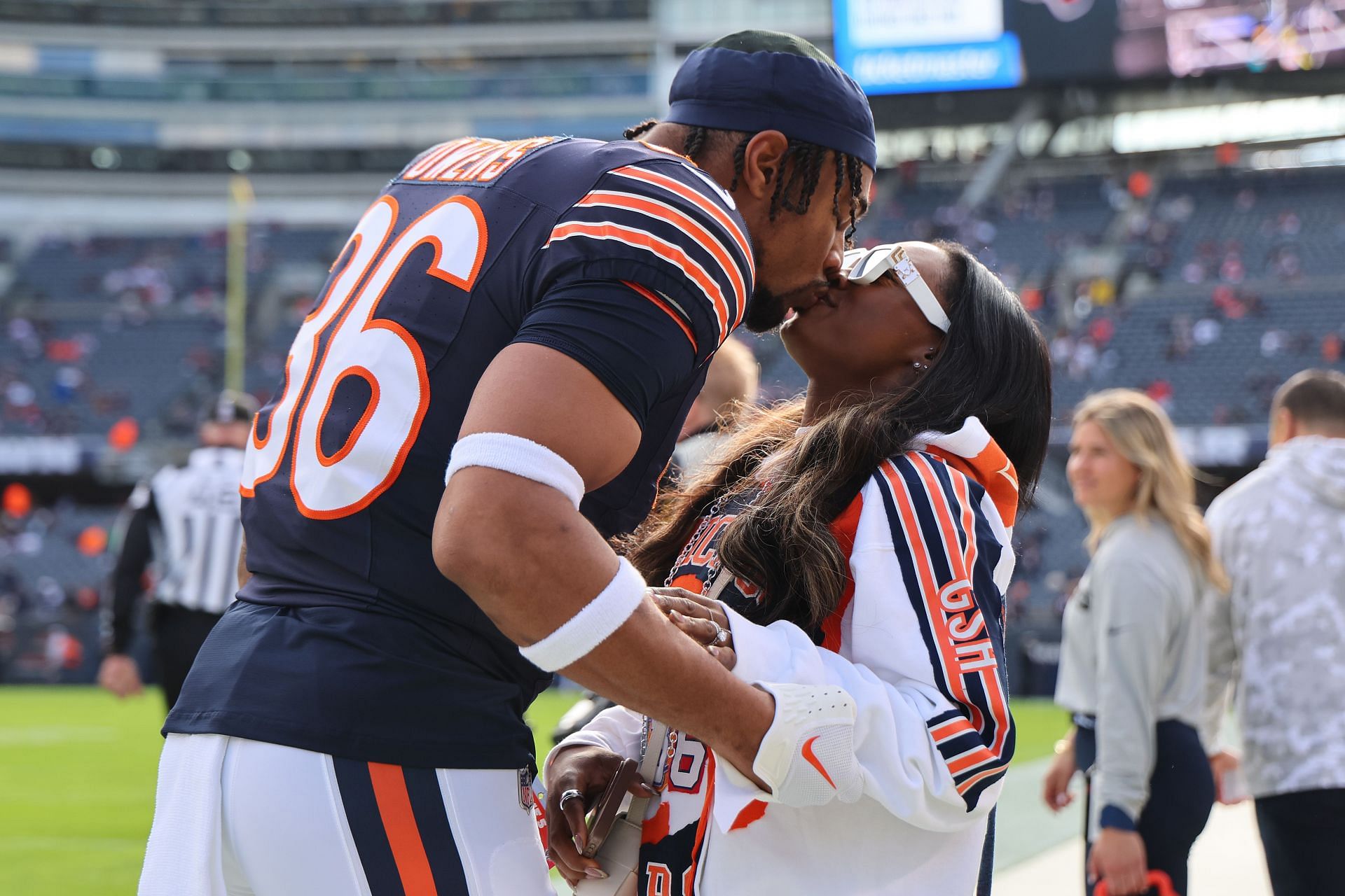 Jonathan Owens and Simone Biles at the New England Patriots at Soldier Field in Chicago, Illinois. (Source: Getty Images)