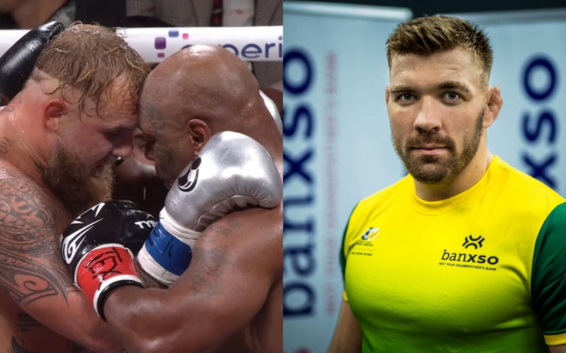 Dricus du Plessis (right) shares his take on whether Jake Paul (far left) fight ruined Mike Tyson