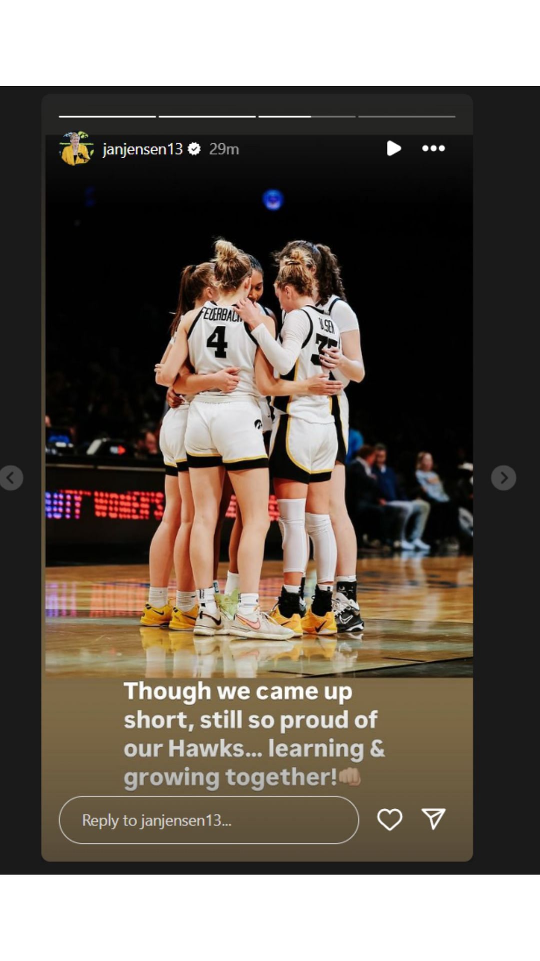 Jan Jenson&#039;s uplifting post after Iowa&#039;s 78-68 loss to Tennessee in the Women&#039;s Champions Classic on Saturday, Dec. 7. IG image via @janjensen13