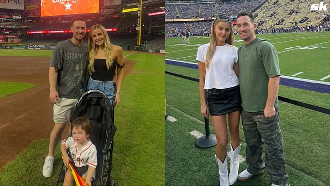 Alex Bregman's wife Reagan turns up the glamor in denim shirt dress, chic brown boots & dazzling cross pendant