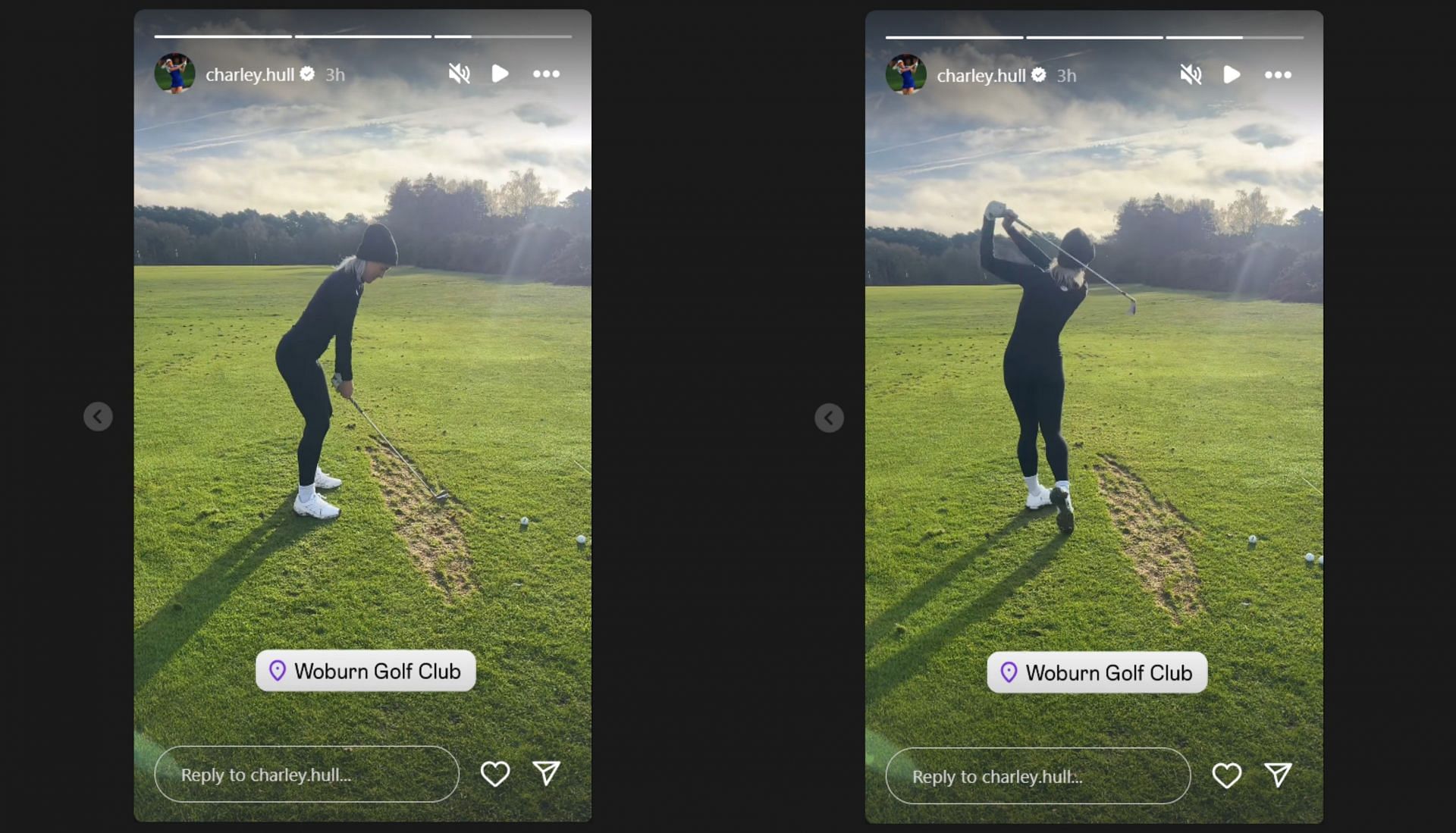 Stills from the video of Charley Hull teeing off in her Instagram Story/@charley.hull