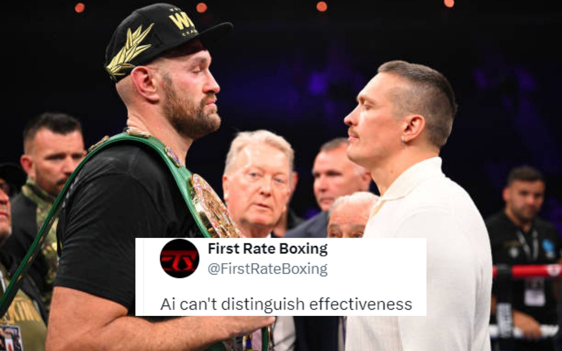 Fans react to the AI judge at the Oleksandr Usyk (right) vs. Tyson Fury (left) fight. [Image courtesy: Getty]