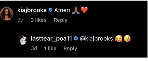 Kia Brooks comments on Last-Tear Poa's spiritual post. IG image via @lasttear_poa