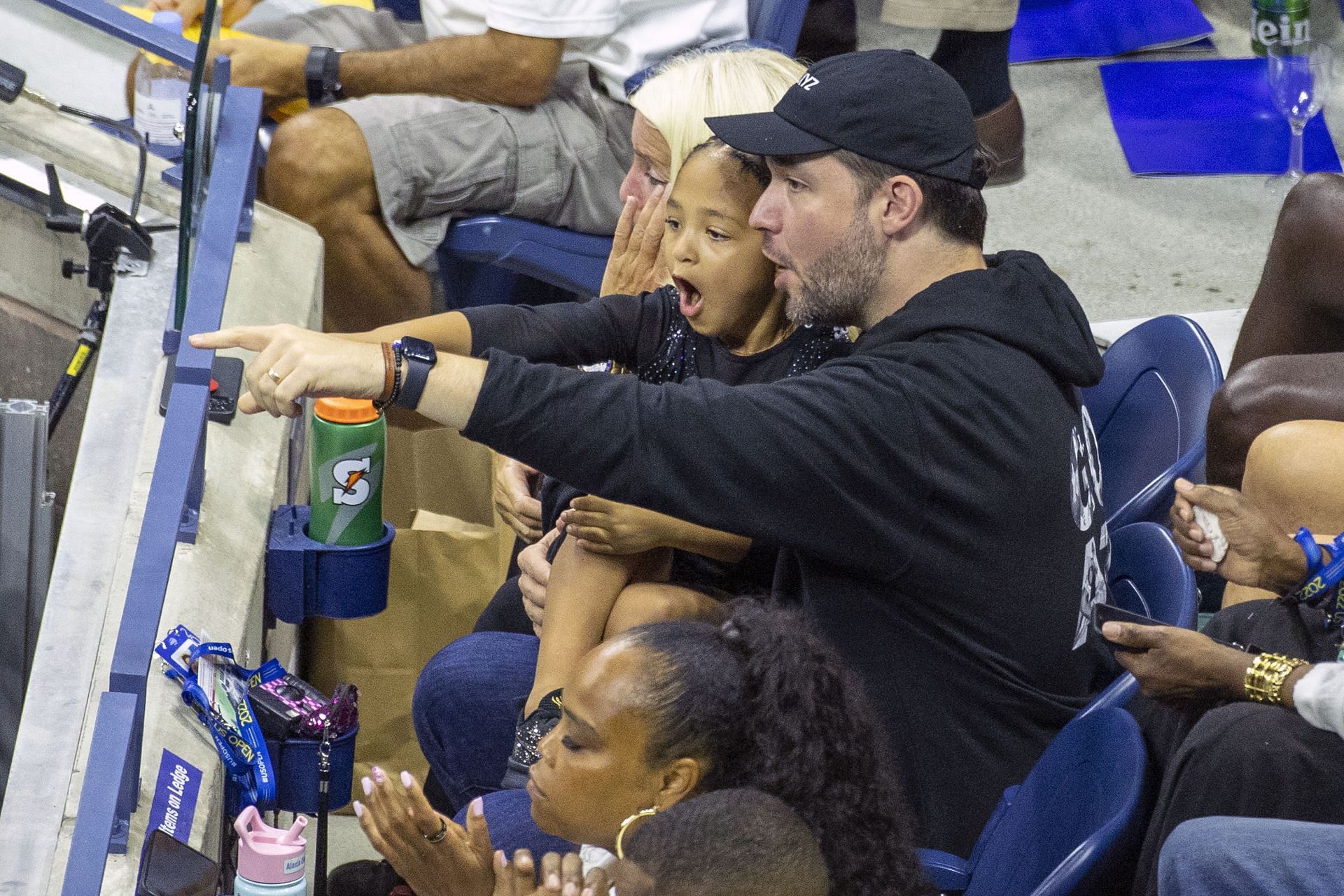 Alexis Ohanian and Olympia cheering Serena Williams on - Source: Getty