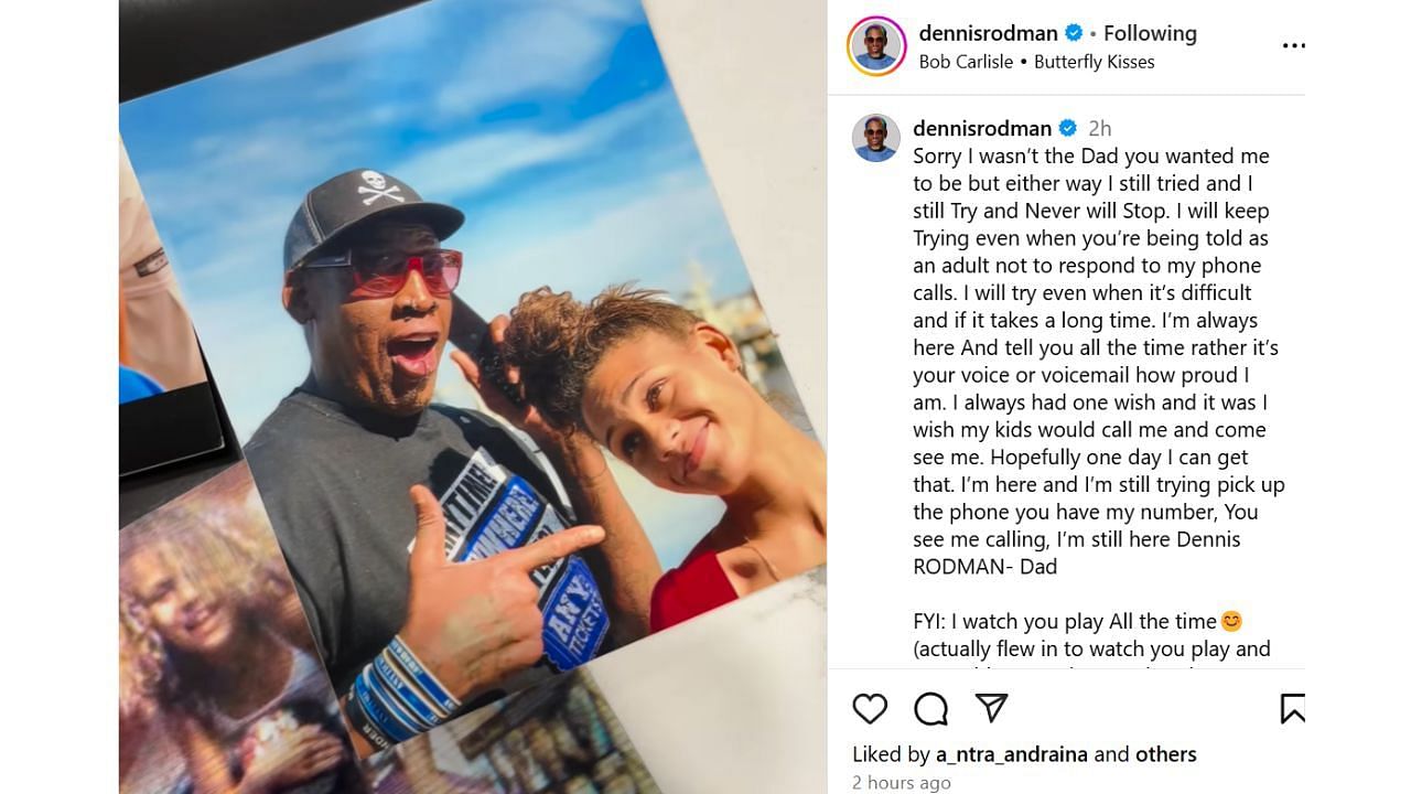 Dennis Rodman writes an emotional response to her daughter&#039;s comments about their strained relationship. [photo: @dennisrodman/IG]