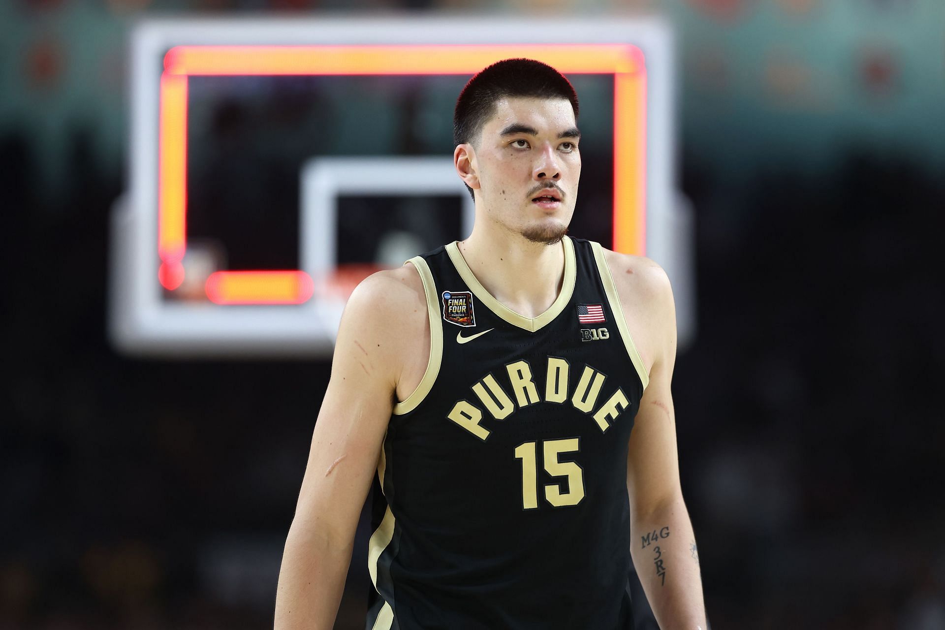 Zach Edey (#15) of the Purdue Boilermakers walks across the court in the first half against the Connecticut Huskies during the NCAA Men&#039;s Basketball Tournament National Championship game. Photo: Getty