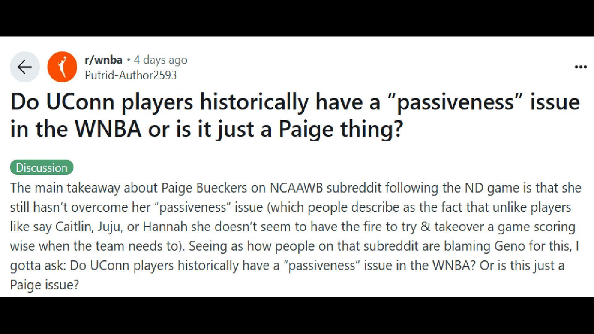 WNBA Reddit discusses whether Paige Bueckers is &quot;passive.&quot; Image source: reddit.com/r/wnba