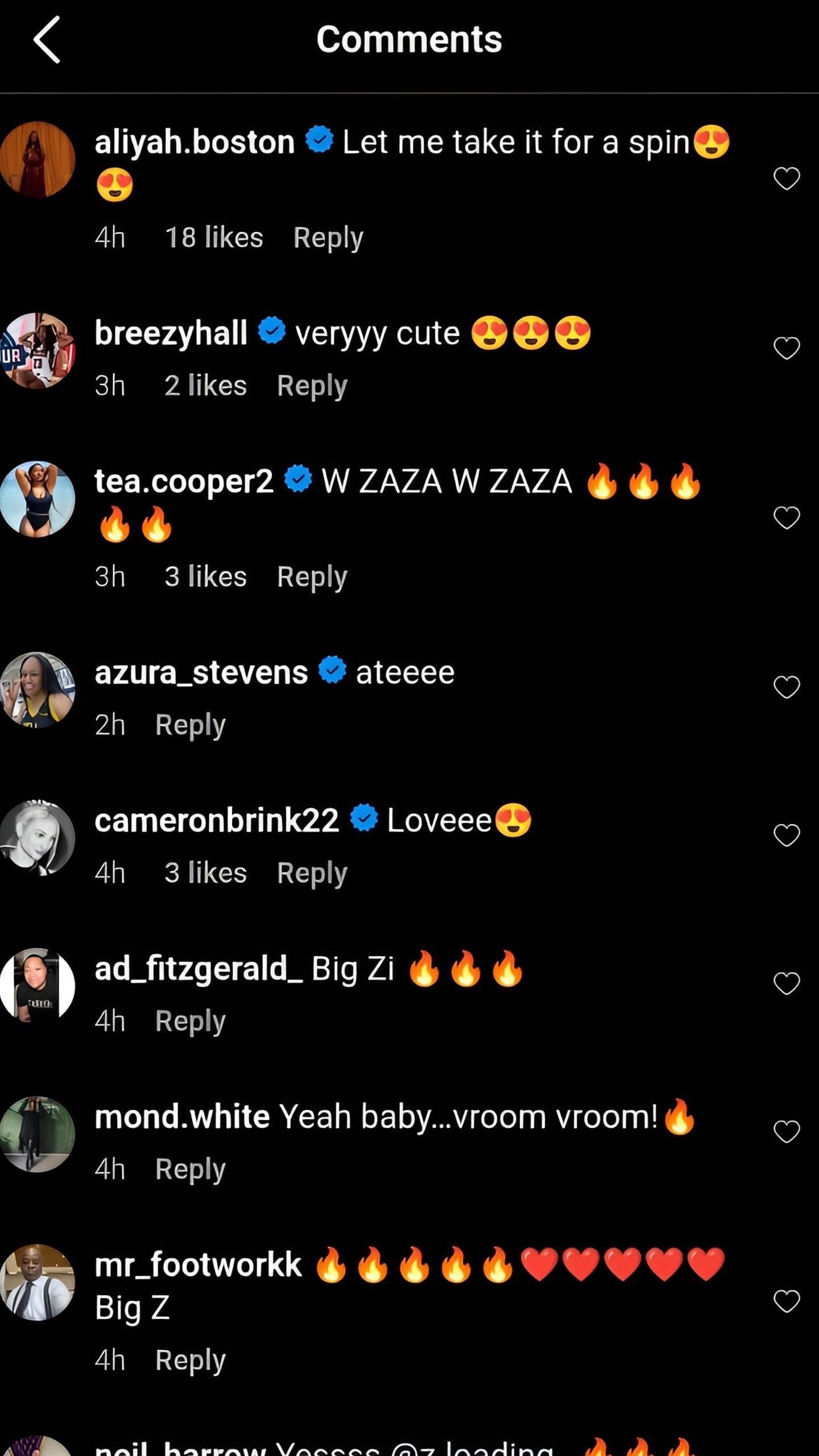 Comments on Zia Cooke&#039;s IG post [Credit: IG/@ z.loading_]