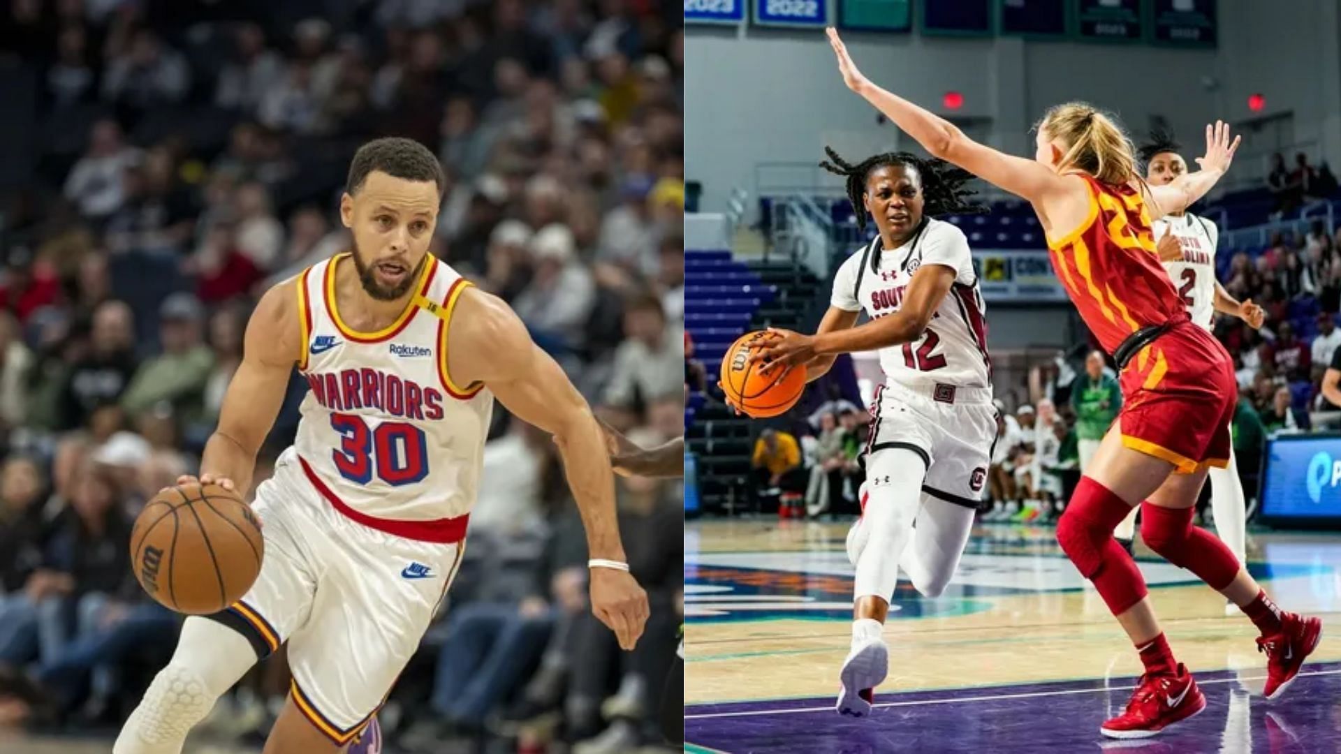 Golden State Warriors superstar Stephen Curry (left) and South Carolina guard MiLaysia Fulwiley (right) (Image Source: IMAGN)