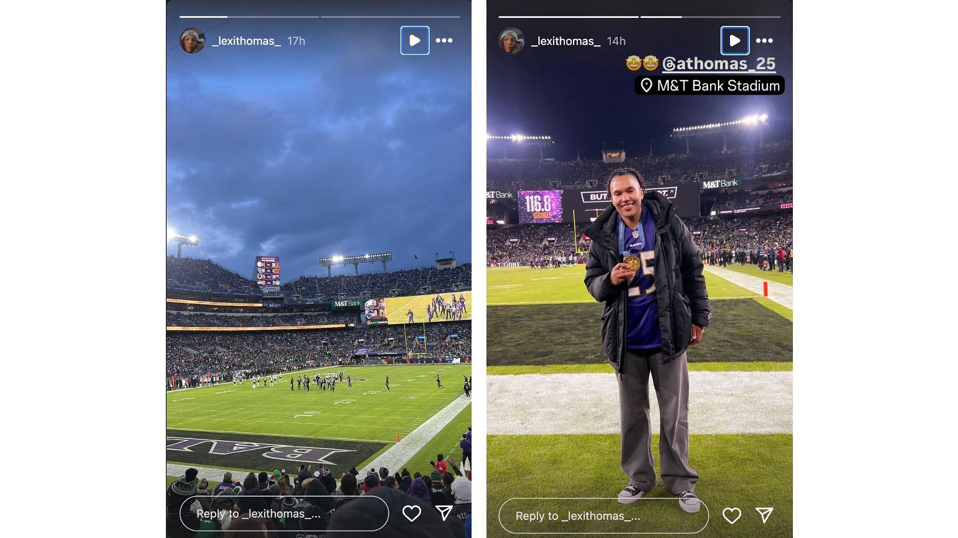 Lexi Thomas posts snaps from the Baltimore Ravens versus Philadelphia Eagles game. Photo Credits: Lexi Thomas&#039; IG account