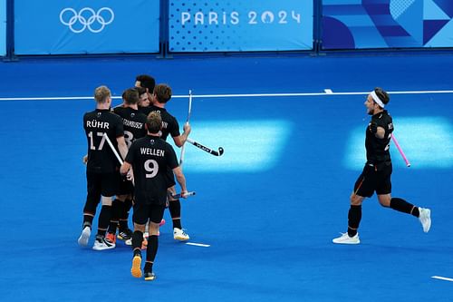 Gonzalo Peillat surrounded by teammates after scoring against India- Source: Getty