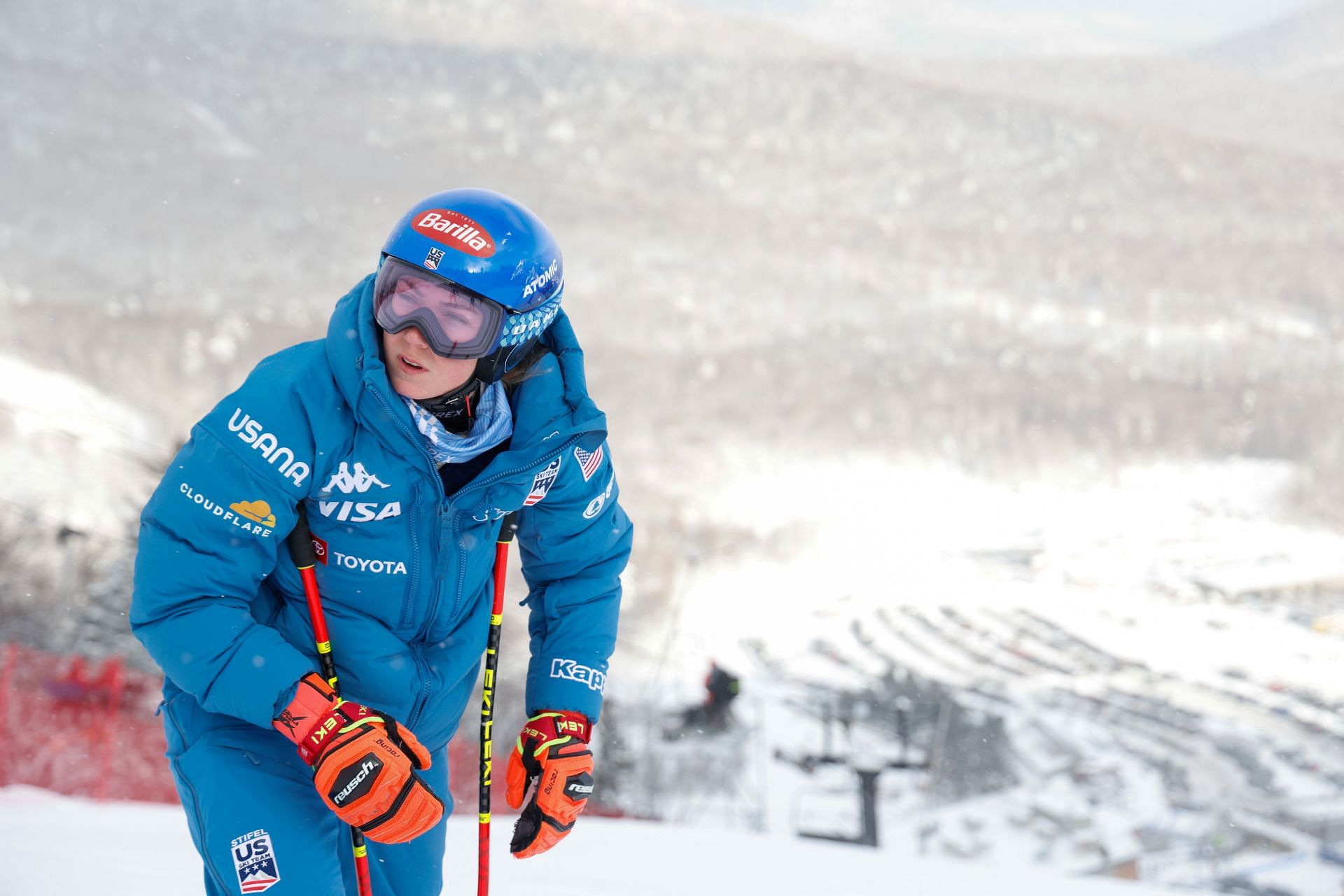 Mikaela Shiffrin reacts at the Audi FIS Alpine Ski World Cup - Women&#039;s Giant Slalom - (Source: Getty)