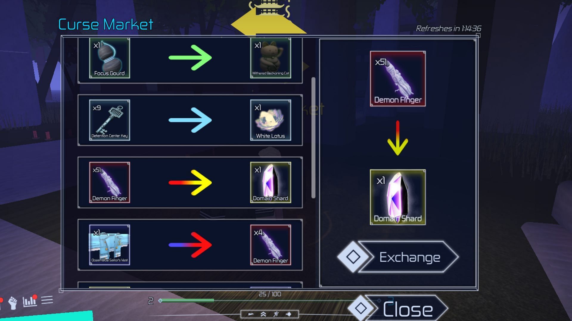 You can trade items at Cursed Market for a Domain Shard (Image via Roblox)