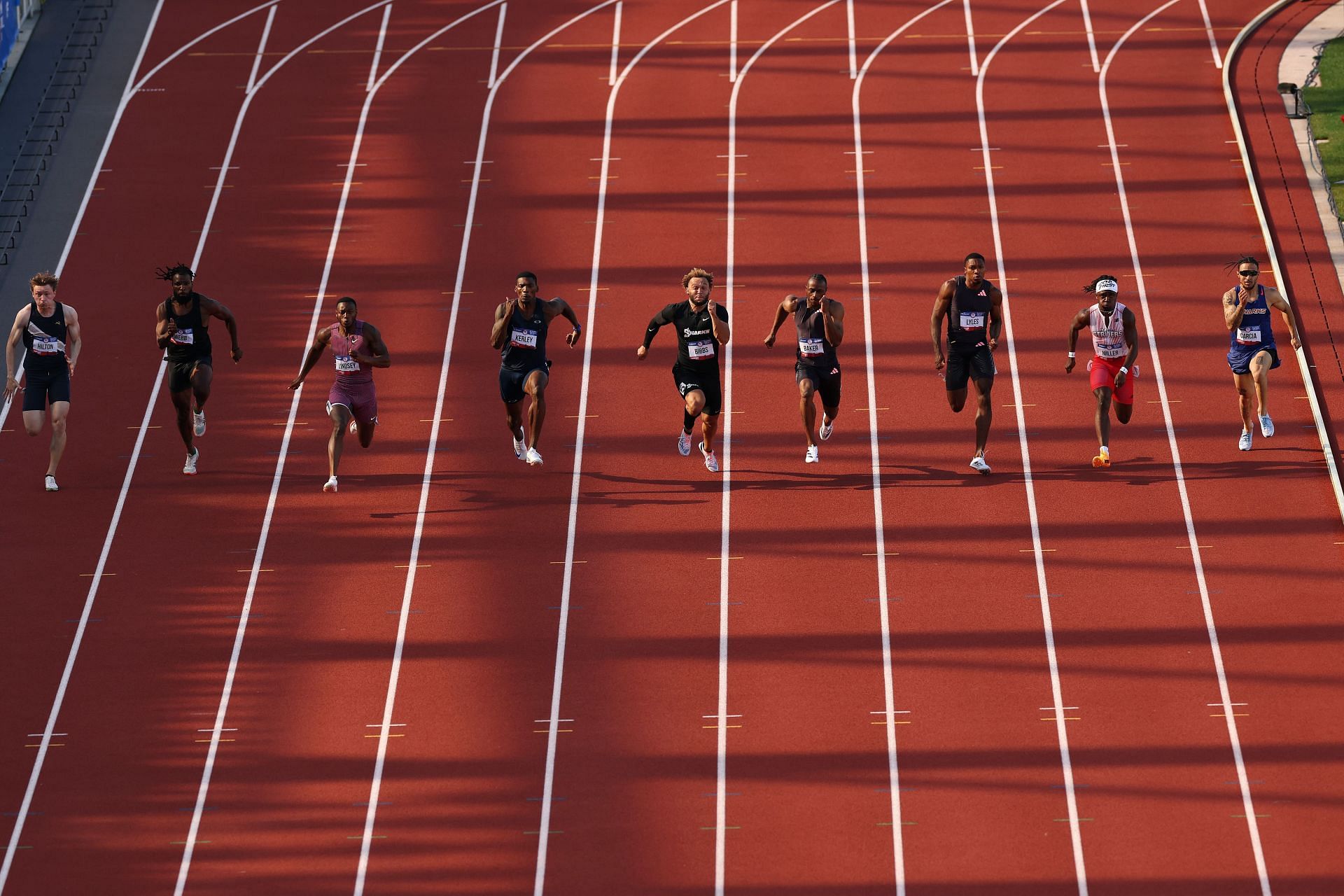 Christian Miller and others compete in the men&#039;s 100 meter semi-finals of U.S. Olympic Team Trials. (Photo by Patrick Smith/Getty Images)