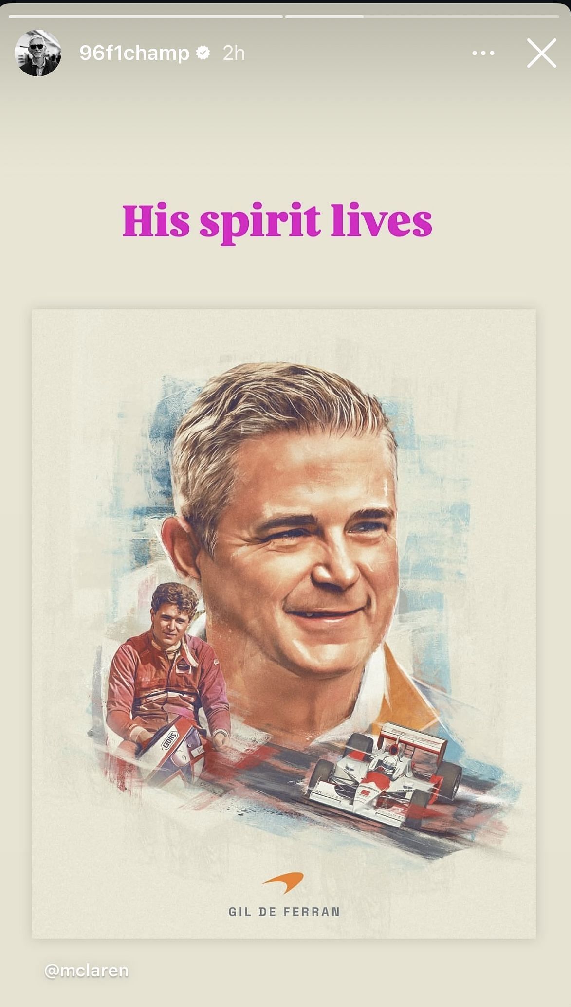 Damon Hill&#039;s instagram story featuring the tribute to Gil de Ferran - Image via Instagram/@96f1champ