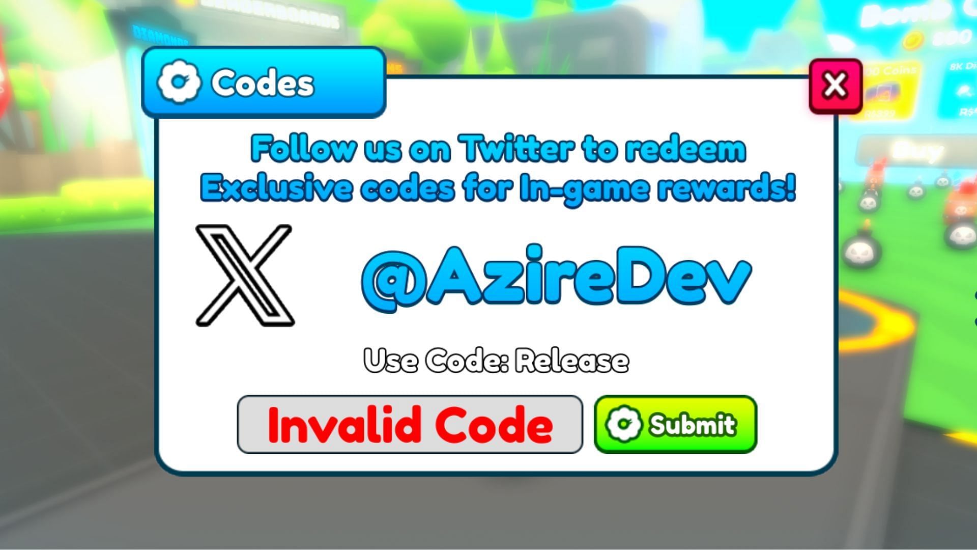 Bomb Simulator X invalid code issue (Image via Roblox)