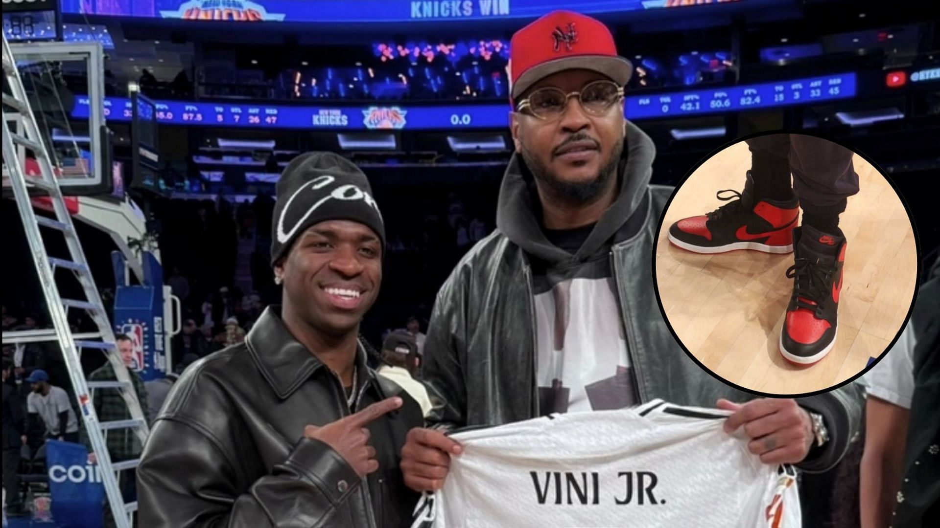 Carmelo Anthony rocks unreleased Air Jordan 1s on Christmas day game at NY while posing with Vini Jr