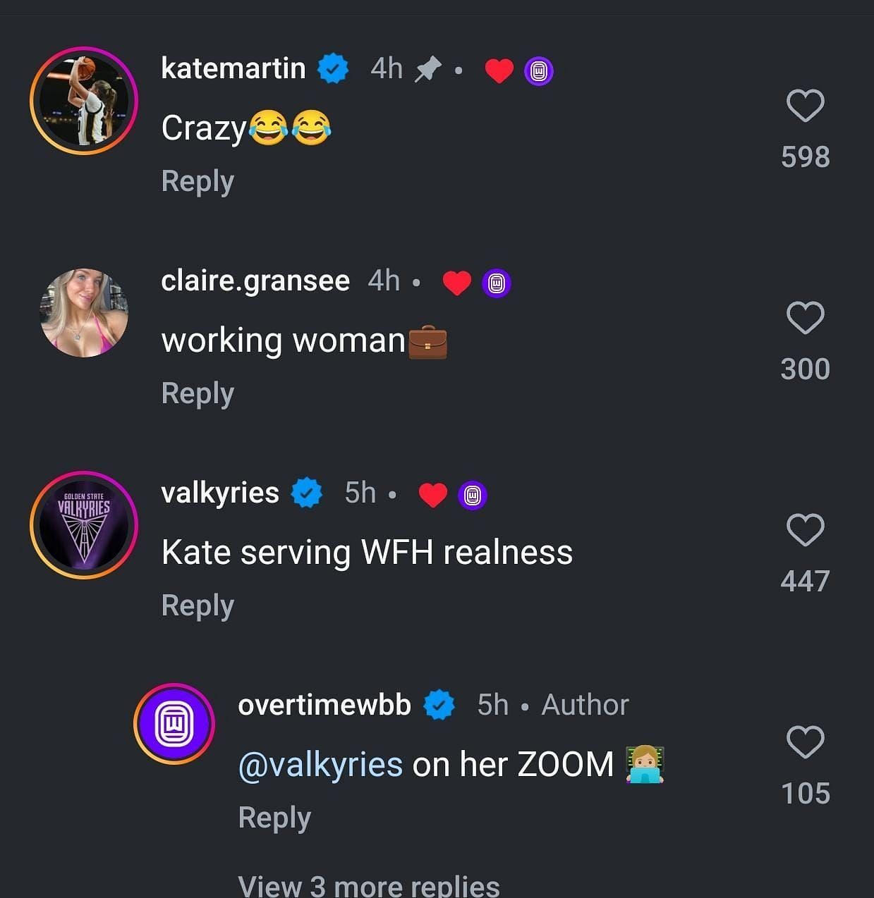 An IG thread featuring post-draft reactions from Kate Martin and Claire Gransee. Image source: https://www.instagram.com/overtimewbb