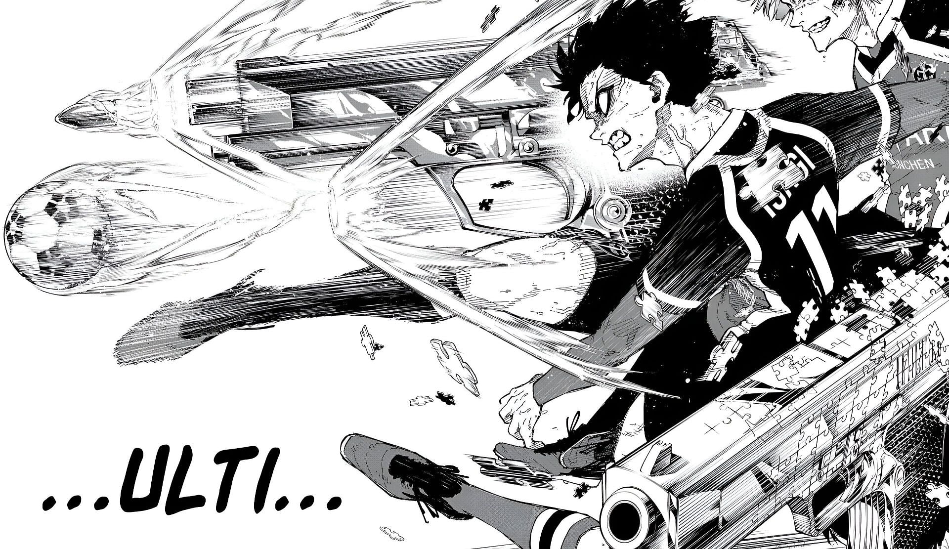 Isagi&#039;s Two-gun Volley as seen in the manga (Image via Muneyuki Kaneshiro and Yusuke Nomura/Kodansha)