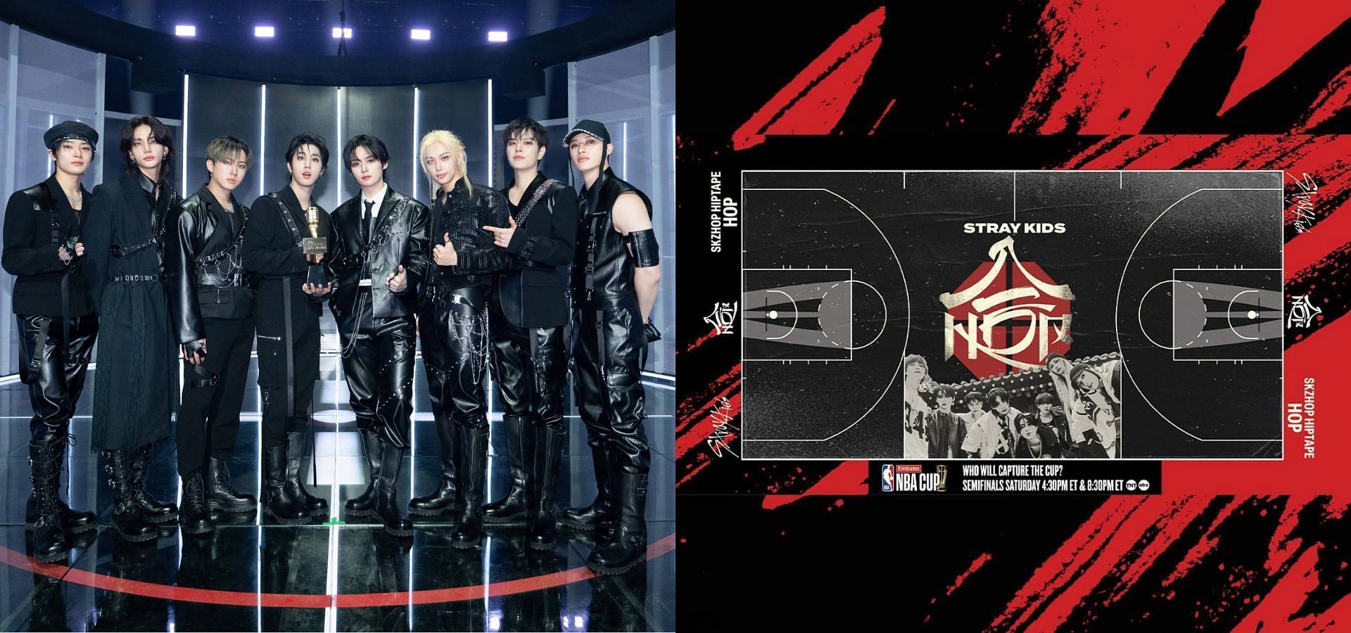 Stray Kids x NBA teasing a collaboration court for the Emirates NBA Cup. (Images via Instagram/@nba and X/@Stray_Kids)