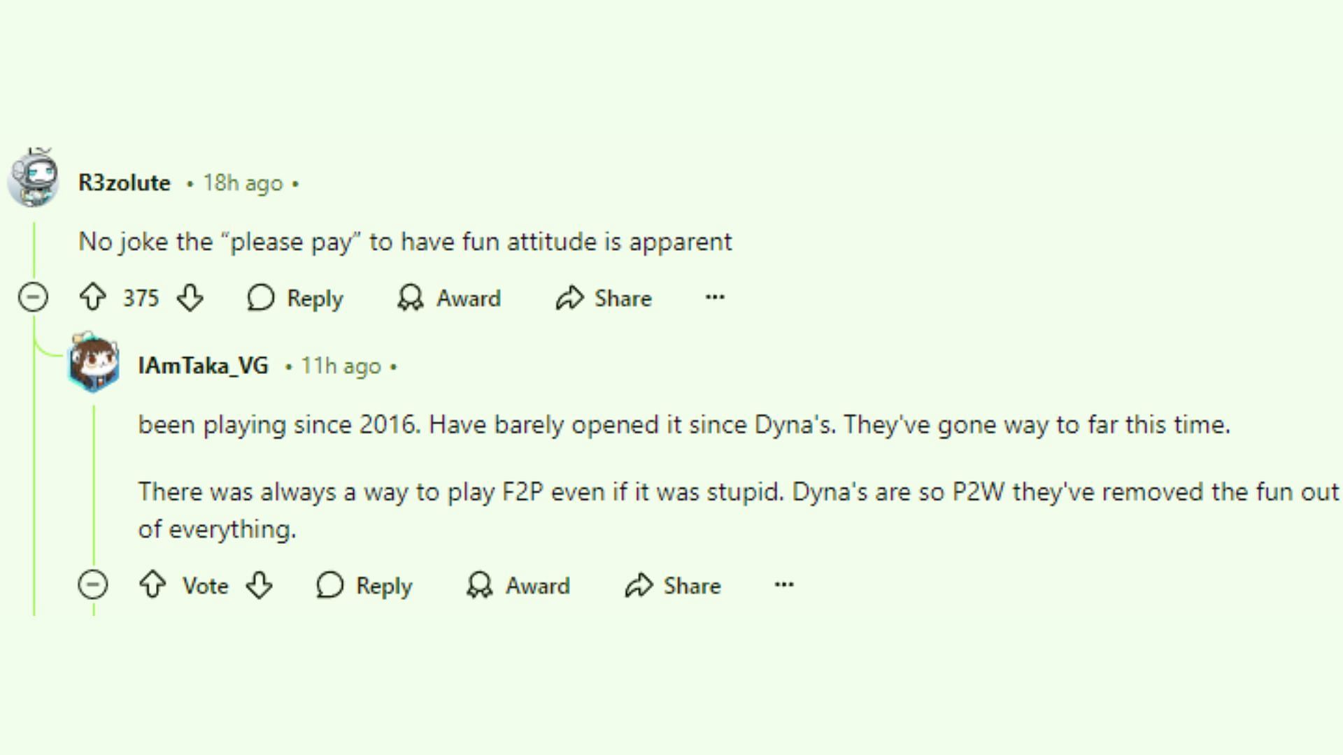 Players highlight the focus of discussion being the game being pay to win (Image via Reddit)