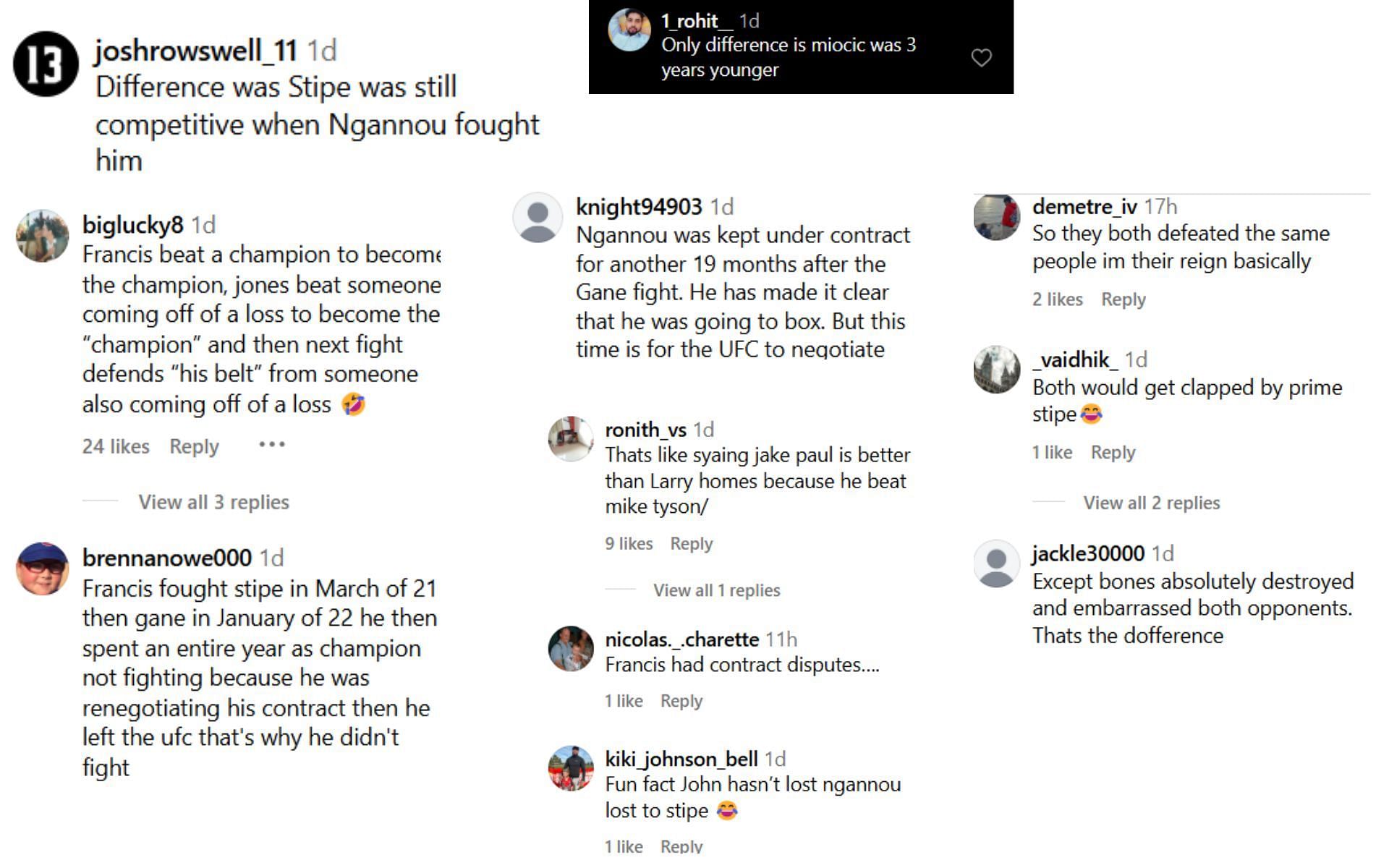 Fans react to title reign comparison of Francis Ngannou and Jon Jones. [Screenshots courtesy: @groundndpound on Instagram]