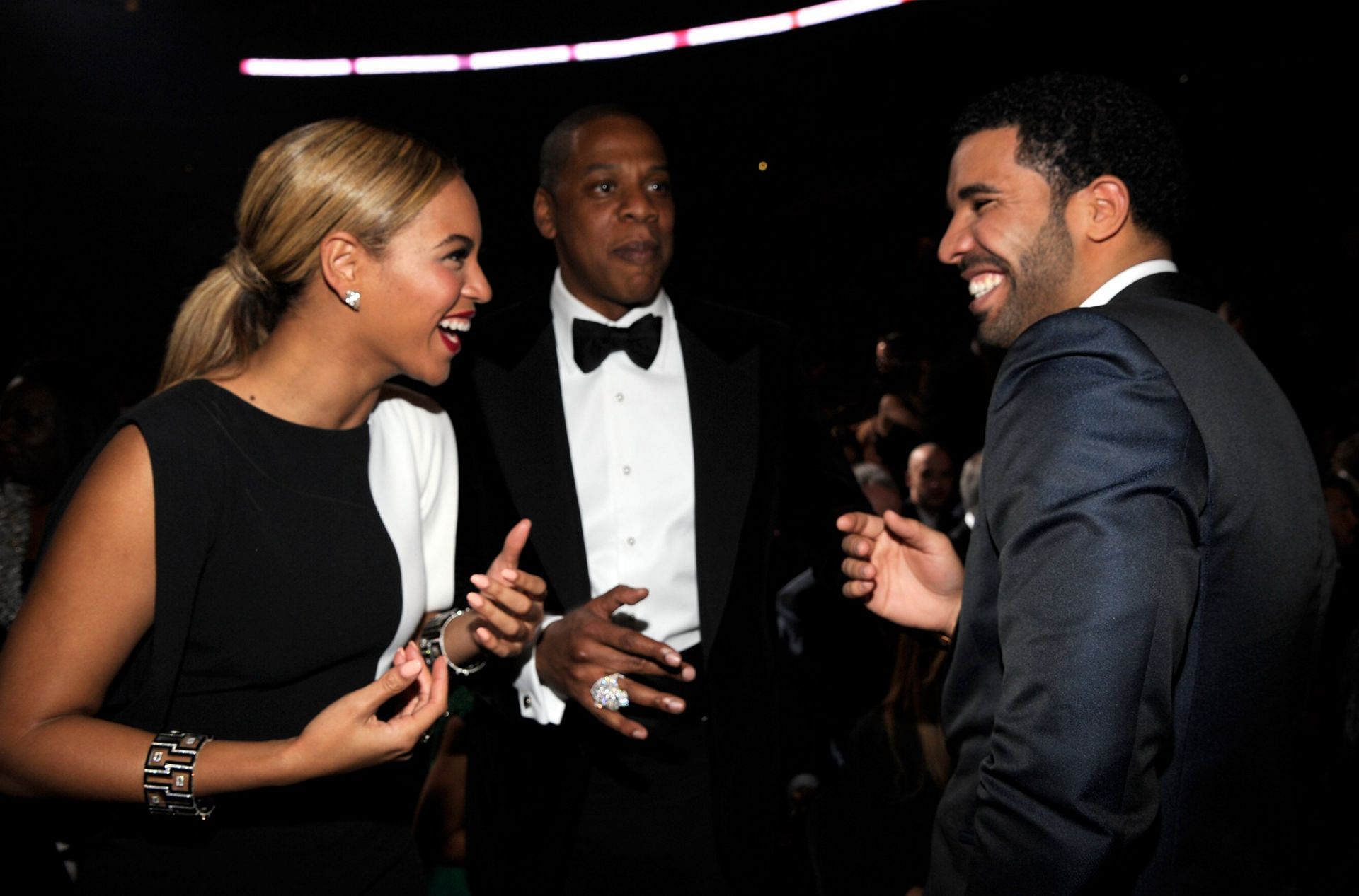 Beyonce, Jay-Z, and Drake attend the 55th Annual GRAMMY Awards at STAPLES Center on February 10, 2013, in Los Angeles, California. (Photo by Kevin Mazur/WireImage)