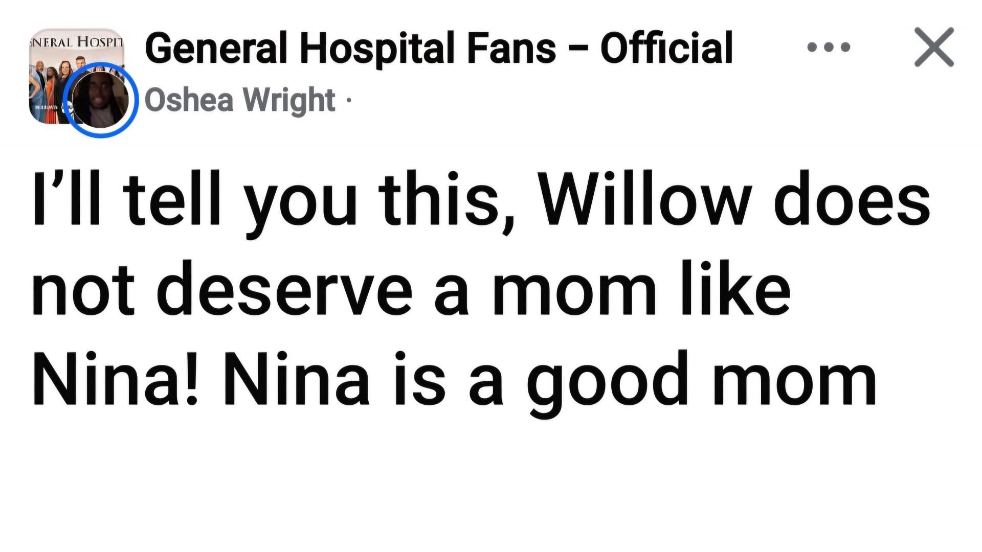 A Facebook post presenting the opinion that Nina is a good mother (via Oshea Wright / Facebook)