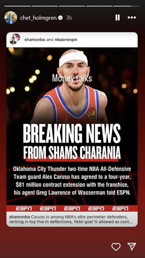 Chet Holmgren drops 2-word reaction as Alex Caruso signs $81 million extension with OKC (Image Credit: @chet_holmgren on Instagram)