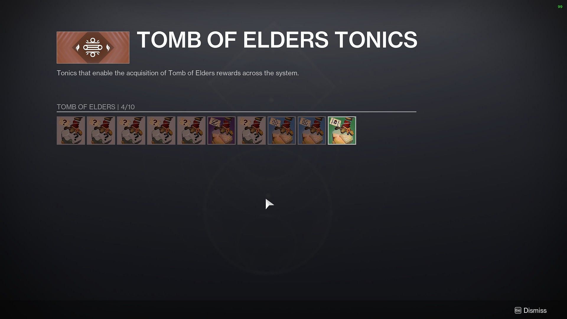 Tomb of Elders tonics in Destiny 2 (Image via Bungie)