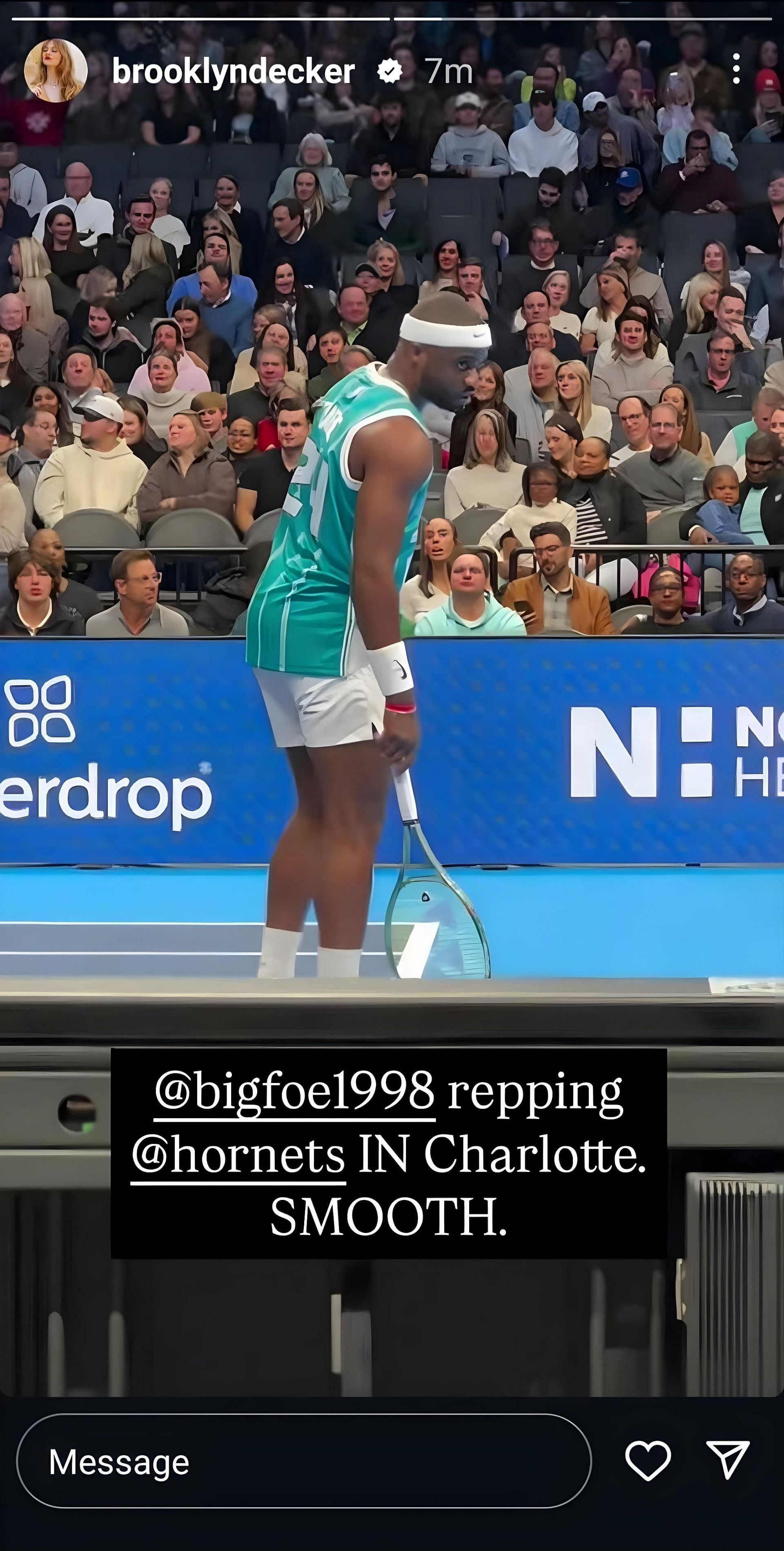 Brooklyn Decker&#039;s reacts to Frances Tiafoe in a Charlotte Hornets jersey - Source: @brooklyndecker on Instagram