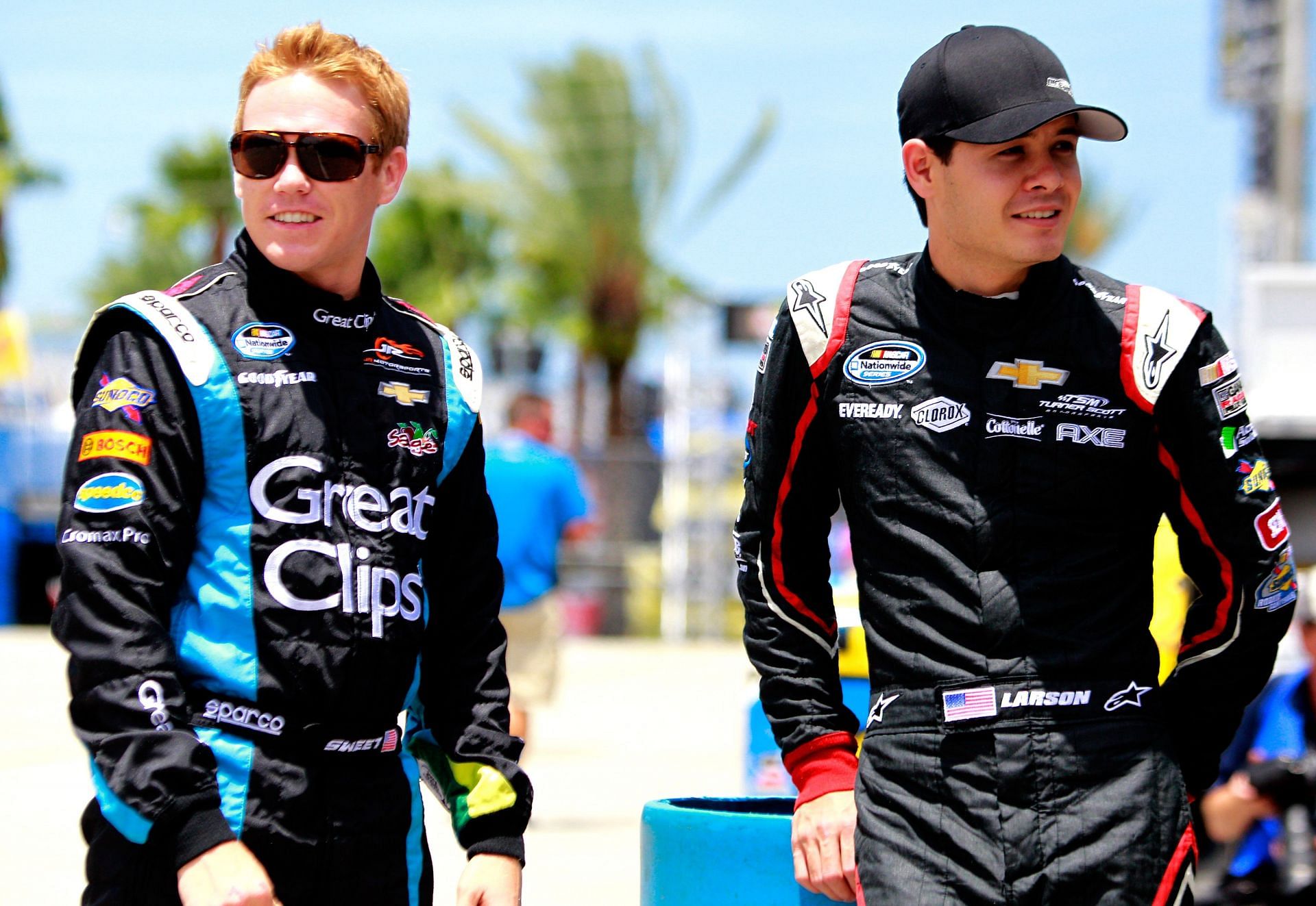  Brad Sweet with Kyle Larson during practice for the NASCAR Nationwide Series Subway Firecracker 250- Source: Getty