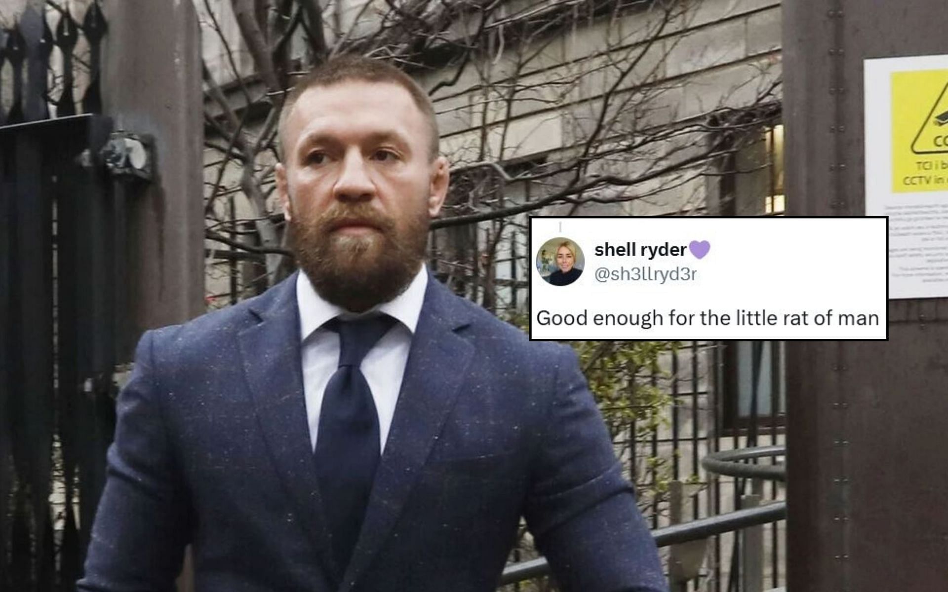 Fans react (insert) to Conor McGregor getting ordered to pay &euro;1.5 million in legal fees after civil case verdict. [Image credit: @rtenews on X]