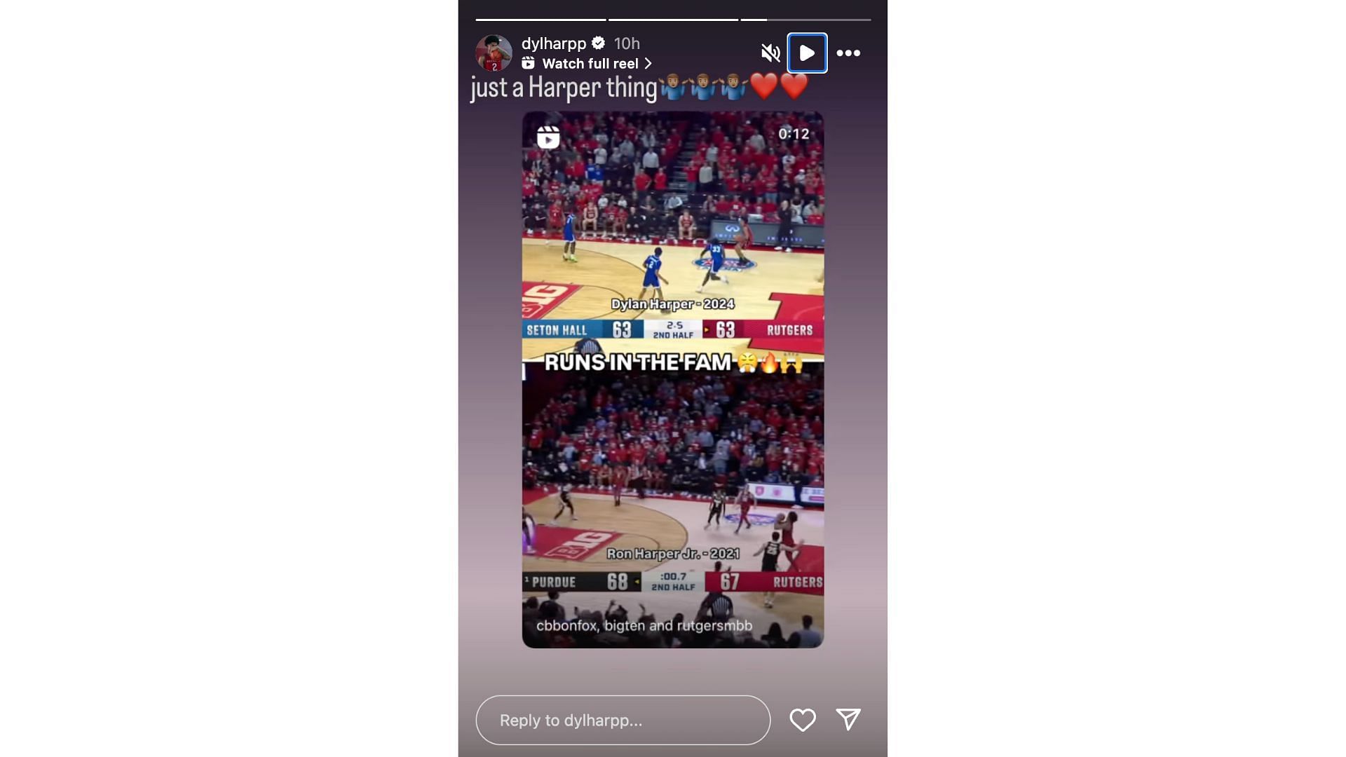 D. Harper shares a video of him and his brother drilling game-winning shots for Rutgers. Photo Credit: Dylan Harper's IG account.